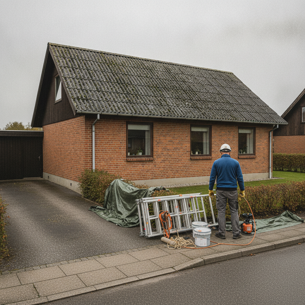tagdækker, tagmaling, tagrensning, udendørs, parcelhus, eternittag, fibercement, asbestregler, stillads, sikkerhed, arbejdsmiljø, mos på tag, alger, forbehandling, vedligeholdelse, renovering, professionel, dansk forstad, mursten, tag, tagsten, hus, bolig, håndværker, pris, tilbud