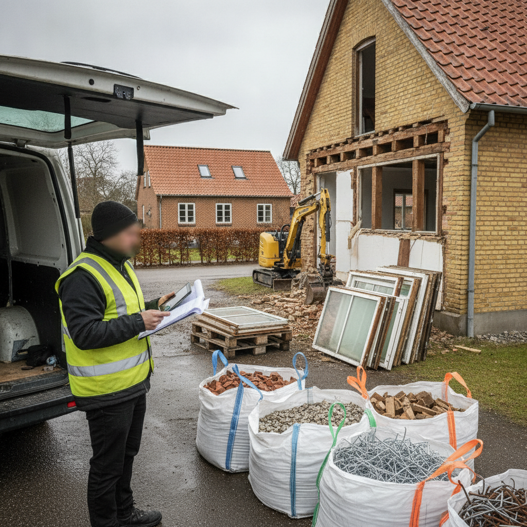 nedriver, selektiv nedrivning, miljø- og ressourcekoordinator, mrk, dokumentation, nedrivningsplan, affaldssortering, fraktioner, byggeaffald, miljøscreening, miljøkortlægning, udendørs, byggeplads, villa, mursten, tagsten, container, big bag, genbrug af byggematerialer, professionel, dansk forstad, hus, bolig, håndværker