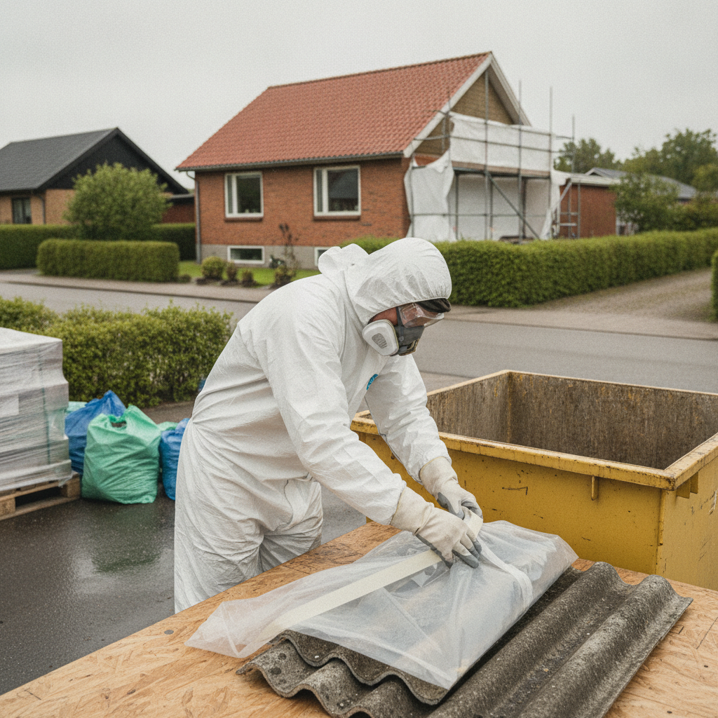 nedriver, miljøsanering, miljøfarligt affald, asbest, pcb, selektiv nedrivning, affaldssortering, bortskaffelse, byggeaffald, screening, prøvetagning, anmeldelse til kommunen, udendørs, byggeplads, parcelhus, mursten, tagplader, beskyttelsesdragt, respirator, renovering, dokumentation, pris, tilbud, hus, bolig, håndværker