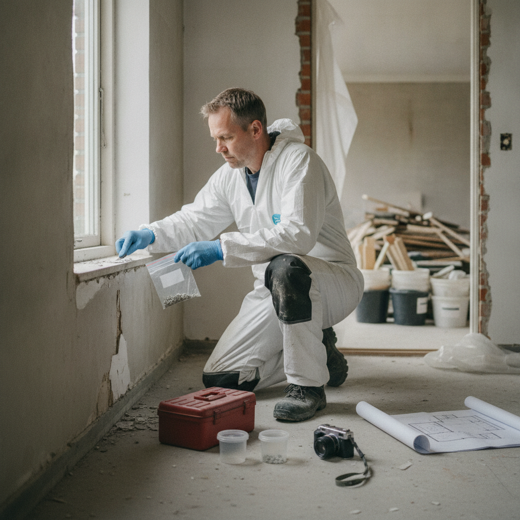nedrivning, miljørådgiver, miljørapport, miljøscreening, miljøkortlægning, prøvetagning, asbest, pcb, bly, byggeaffald, affaldssortering, affaldsanmeldelse, indendørs, renovering, selektiv nedrivning, arbejdsmiljø, værnemidler, parcelhus, 1970er hus, mursten, vindue, dokumentation, pris, tilbud, hus, bolig, håndværker