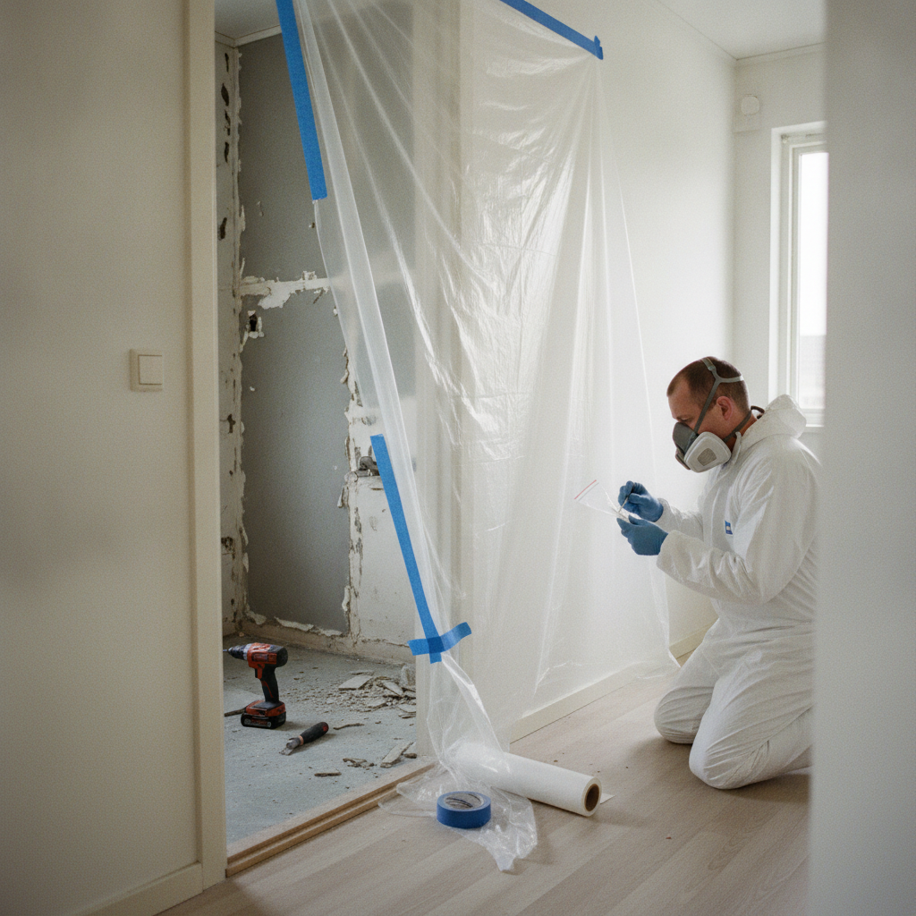 nedrivning, asbest, asbestmistanke, asbestprøve, miljøscreening, sanering, sikkerhed, værnemidler, afdækning med plast, afspærring, indendørs, badeværelse, bryggers, renovering, støv, ældre bolig, parcelhus, byggematerialer, fliseklæb, plader, professionel, pris, tilbud, hus, bolig, håndværker