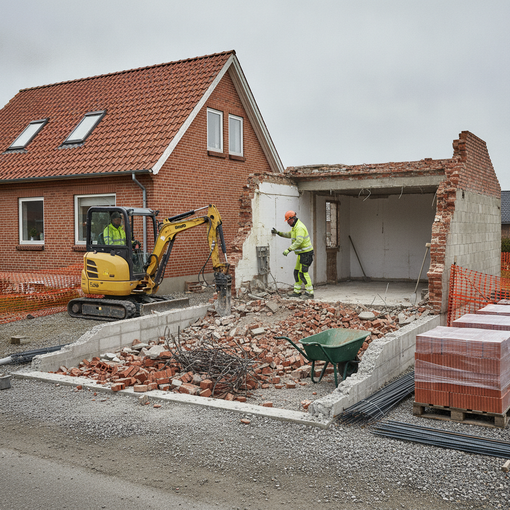 murer, muret garage, garagebyggeri, nedrivning, udendørs, parcelhus, mursten, betonfundament, betongulv, garageport, byggeplads, byggeaffald, container, miljøscreening, asbest, eternittag, skelregler, byggetilladelse, statik, tilbygning, fritstående garage, renovering, nybyg, hus, bolig, håndværker, pris, tilbud