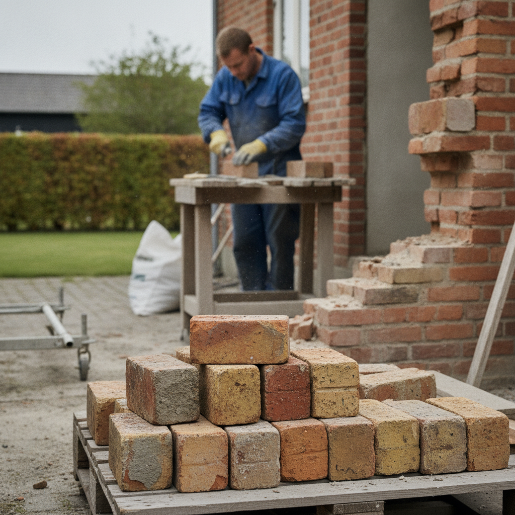 murer, mursten, genbrugsmursten, selektiv nedrivning, delvis nedrivning, sanering, udendørs, murermestervilla, facade, murværk, kalkmørtel, cementmørtel, fuger, patina, skader, sortering, byggeaffald, genbrug af byggematerialer, byggeplads, professionel, dansk bolig, hus, bolig, håndværker