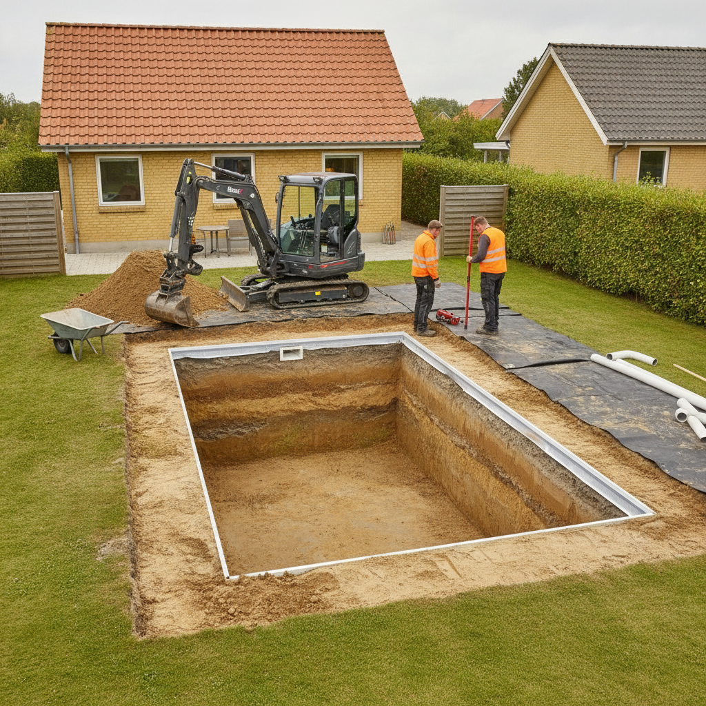 anlægsentreprenør, jordarbejde, nedgravet swimmingpool, poolbyggeri, udgravning, udendørs, have, parcelhus, minigraver, byggeplads, bortkørsel af jord, dræn, grundvand, jordbund, rørføring, teknik til pool, terrænregulering, retablering af have, regler, byggetilladelse, pris, tilbud, hus, bolig, håndværker