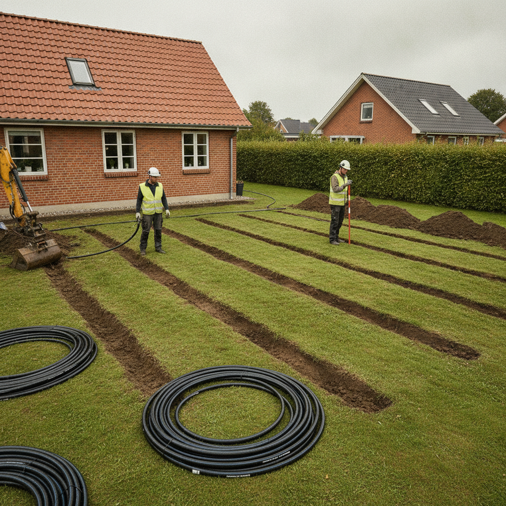 entreprenør, jordvarme, jordvarmeslanger, nedgravning, gravearbejde, udendørs, have, parcelhus, dansk parcelhus, varmepumpe, energirenovering, slangefelt, rendegravning, gravemaskine, rør, pe-rør, jordbund, retablering, byggeplads, planlægning, pris, tilbud, hus, bolig, håndværker