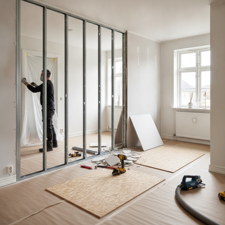 nedrivning, nedrivning af gipsvæg, gipsvæg, skillevæg, indendørs, renovering, ombygning, lejlighed, parcelhus, gipsplader, stålprofiler, træskelet, værktøj, koben, bajonetsav, skruemaskine, støvmaske, afdækning, støvvæg, byggeaffald, affaldssortering, pris, tilbud, hus, bolig, håndværker