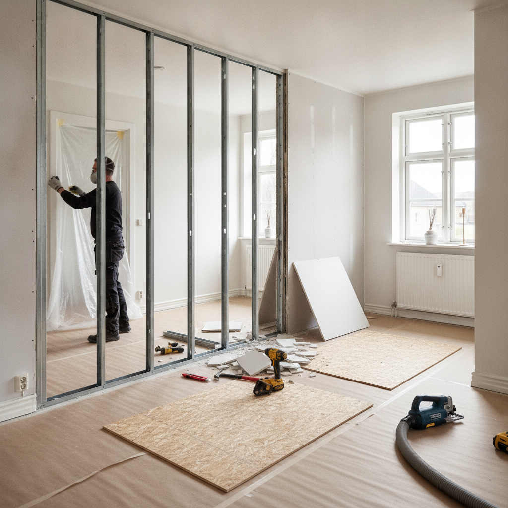 nedrivning, nedrivning af gipsvæg, gipsvæg, skillevæg, indendørs, renovering, ombygning, lejlighed, parcelhus, gipsplader, stålprofiler, træskelet, værktøj, koben, bajonetsav, skruemaskine, støvmaske, afdækning, støvvæg, byggeaffald, affaldssortering, pris, tilbud, hus, bolig, håndværker