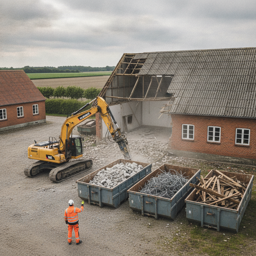 nedrivningsfirma, nedrivning af landbrugsbygninger, selektiv nedrivning, miljøsanering, asbesttag, screening, affaldssortering, containere, byggeaffald, betonfundament, betonknusning, skrotjern, genbrug af materialer, udendørs, byggeplads, landbrug, lade, stald, maskinhus, entreprenørmaskiner, gravemaskine, pris, tilbud, hus, bolig, håndværker