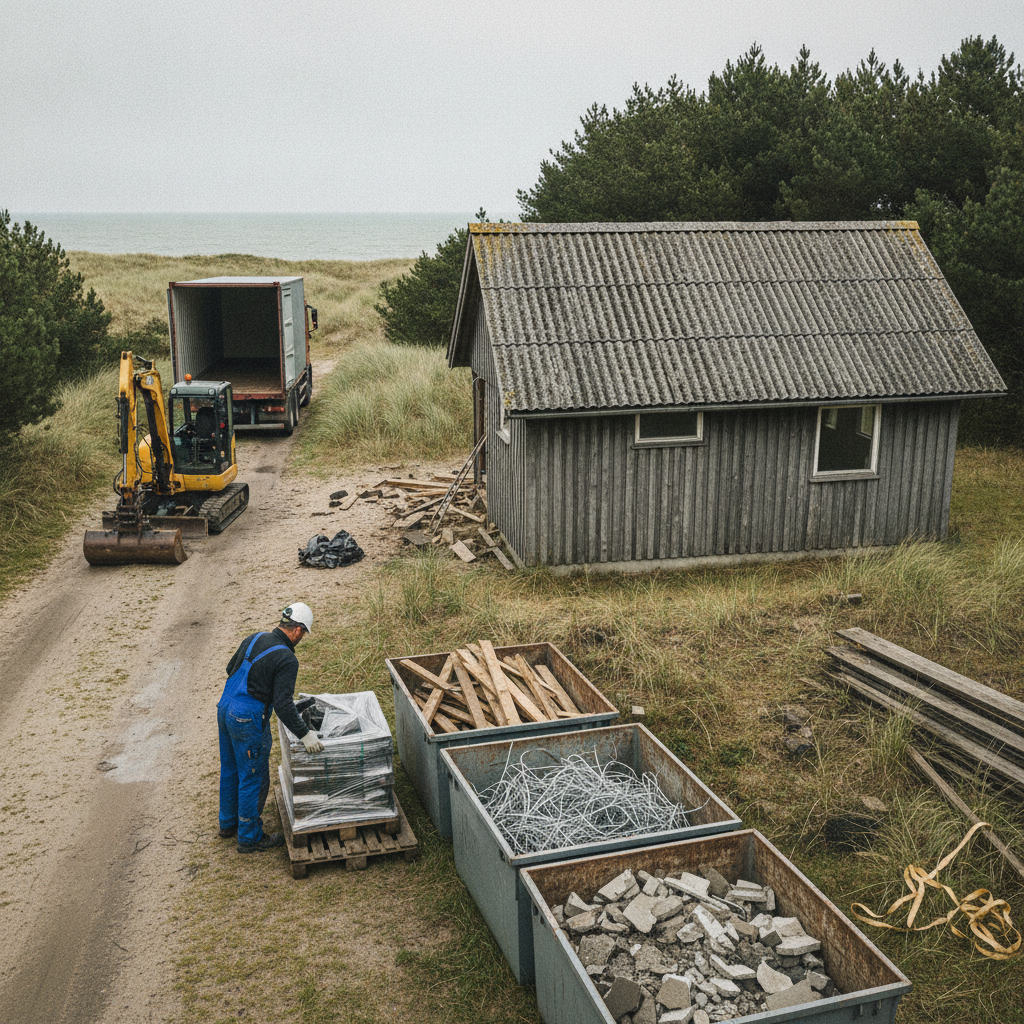 nedrivningsfirma, nedrivning, nedrivning af sommerhus, udendørs, sommerhus, fritidshus, kystnært, byggeplads, miljøscreening, asbest, eternittag, affaldssortering, byggeaffald, container, bortkørsel, sanering, selektiv nedrivning, gravemaskine, adgangsforhold, regler, nedrivningstilladelse, pris, tilbud, hus, bolig, håndværker