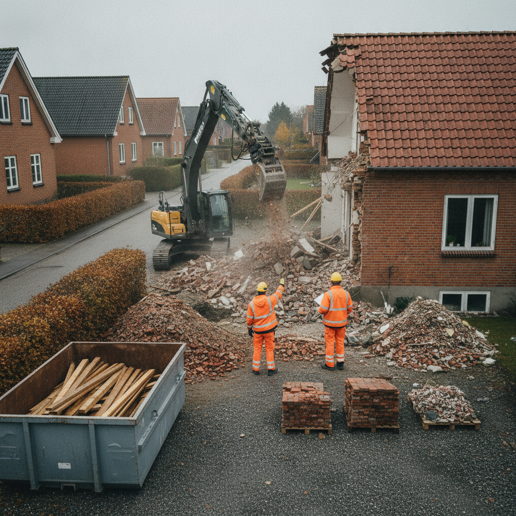 nedrivningsfirma, nedrivning, nedrivning af hus, udendørs, parcelhus, dansk parcelhus, byggeplads, gravemaskine, entreprenørmaskine, container, affaldssortering, byggeaffald, mursten, beton, tagsten, sanering, miljøscreening, reetablering, adgangsforhold, professionel, sikkerhed, renovering, pris, tilbud, hus, bolig, håndværker
