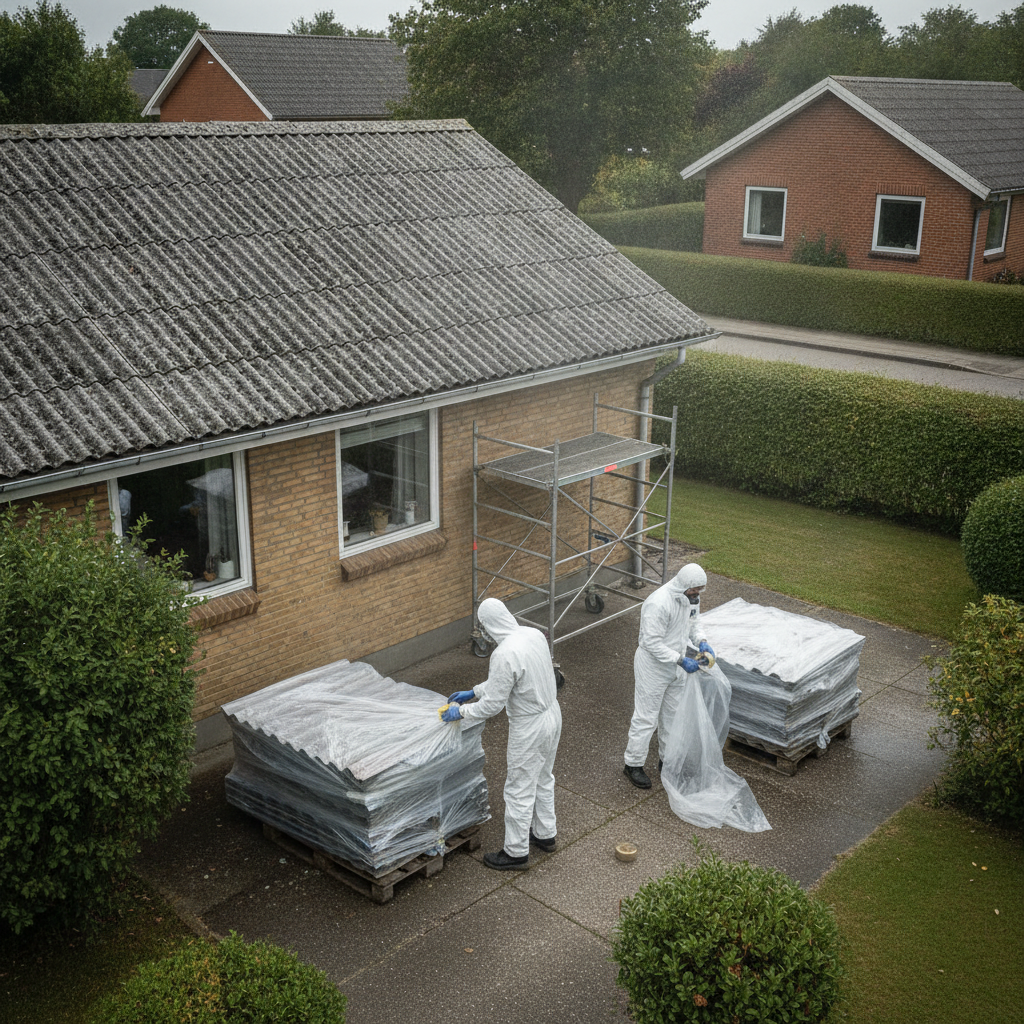 nedrivningsfirma, asbestsanering, asbesttag, nedtagning af tag, affaldshåndtering, farligt affald, autoriseret virksomhed, værnemidler, støvkontrol, plastafdækning, emballering, byggeplads, udendørs, parcelhus, dansk forstad, bølgeeternit, tagplader, stillads, arbejdsmiljø, renovering, vedligeholdelse, hus, bolig, håndværker, pris, tilbud