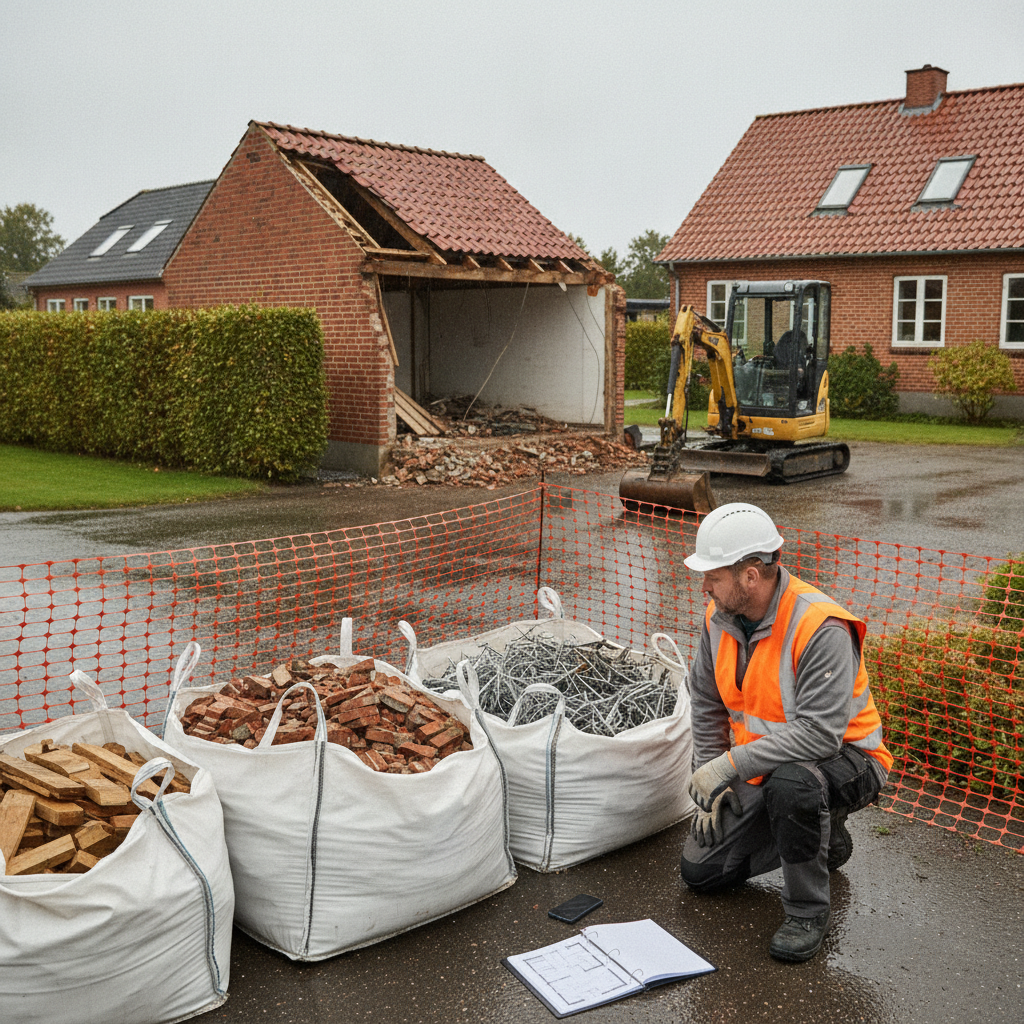 nedrivningsfirma, nedrivningstilladelse, nedrivning, affaldsanmeldelse, miljøscreening, selektiv nedrivning, udendørs, parcelhus, garage, udhus, dansk villavej, forstad, mursten, tegltag, byggeaffald, sortering af affald, sikkerhed, hegn, gravemaskine, renovering, myndighedskrav, bbr, hus, bolig, håndværker
