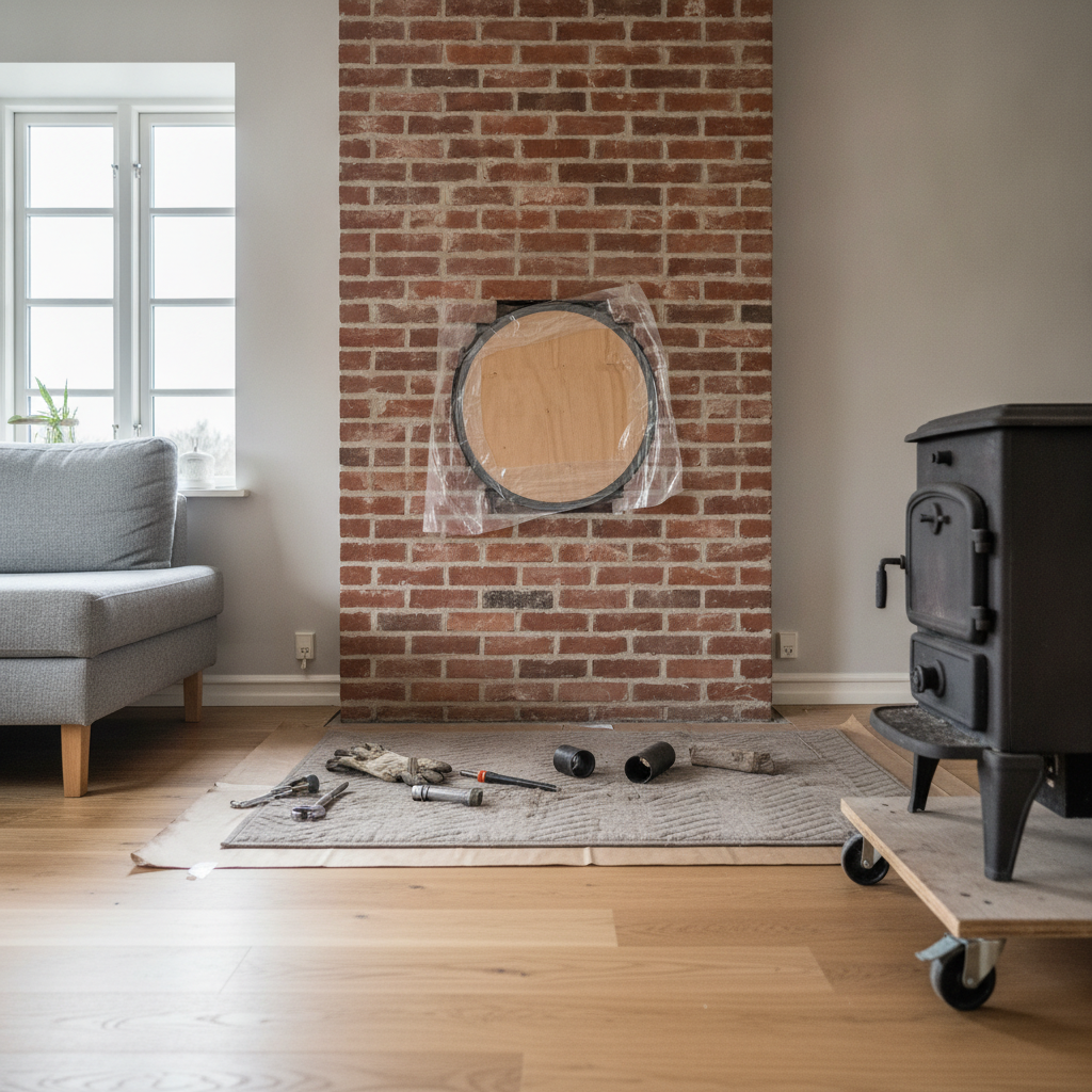 murer, tømrer, nedtagning af brændeovn, afmontering, bortskaffelse, indendørs, stue, parcelhus, dansk hjem, skorsten, røgrør, mursten, gulvbeskyttelse, renovering, efterreparation, lukning af hul, byggeaffald, sikkerhed, værktøj, professionel, pris, tilbud, hus, bolig, håndværker