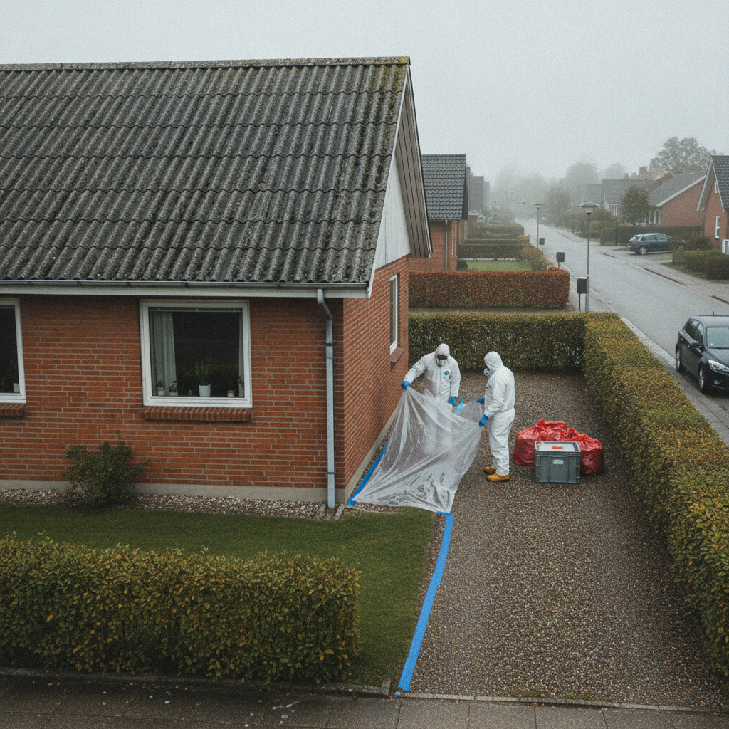 nedrivningsfirma, asbest, asbestregler, asbestsanering, asbesttag, eternittag, sikkerhed, værnemidler, ppe, affaldshåndtering, asbestaffald, afskærmning, renovering, udendørs, byggeplads, parcelhus, dansk parcelhus, forstad, mursten, bølgeeternit, professionel, arbejdsmiljø, hus, bolig, håndværker