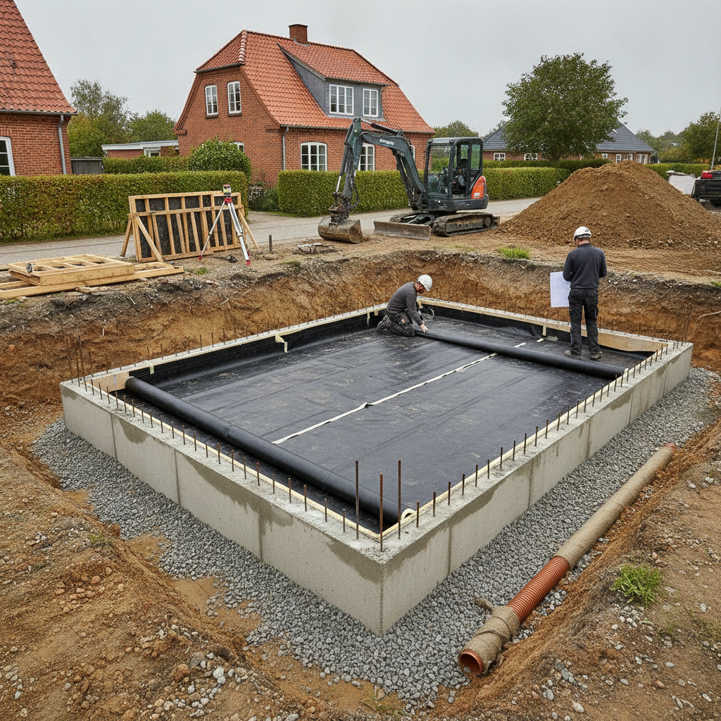 entreprenør, kælderbyggeri, nyt hus, udgravning, fundament, radonsikring, radonmembran, dræn, omfangsdræn, fugtsikring, grundvand, jordbund, geoteknik, byggeplads, udendørs, parcelhus, beton, armering, gravemaskine, nedrivning, nybyg, dansk forstad, hus, bolig, håndværker, pris, tilbud