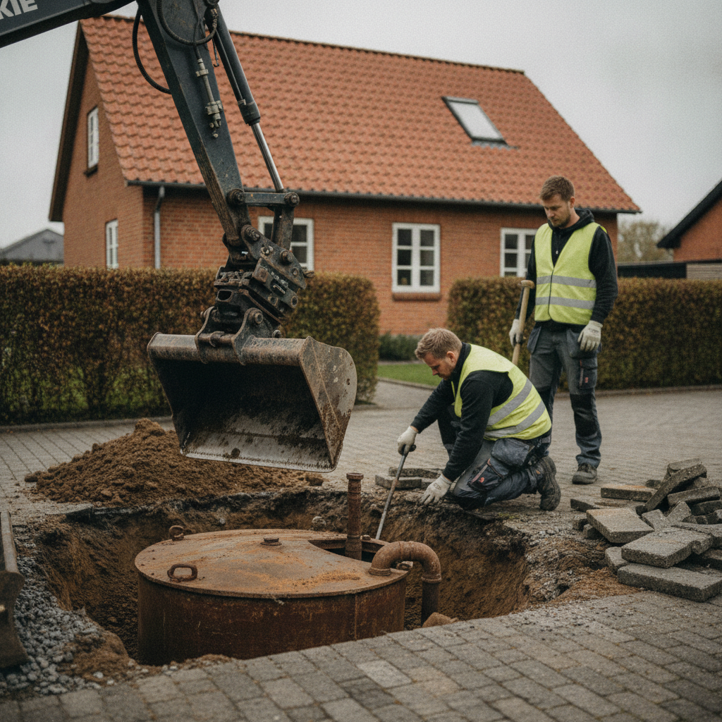 kloakmester, olietank, sløjfning, opgravning, nedrivning, renovering, udendørs, villa, parcelhus, byggeplads, gravemaskine, udgravning, jordarbejde, jordforurening, jordprøver, rør, stål, belægning, indkørsel, dokumentation, myndighedskrav, pris, tilbud, hus, bolig, håndværker