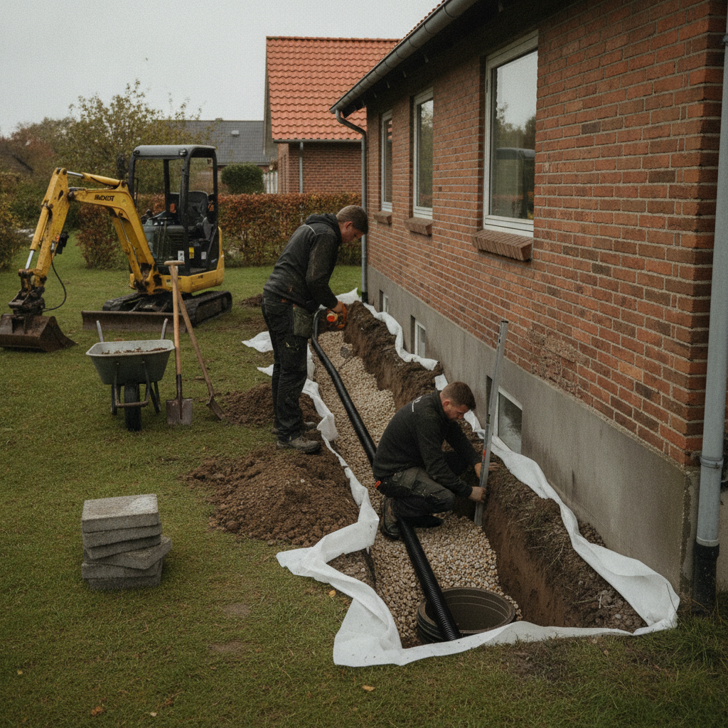 kloakmester, omfangsdræn, drænarbejde, fugtig kælder, kælderfugt, diagnose, fugtmåling, udendørs, parcelhus, fundament, sokkel, udgravning, rende, minigraver, drænrør, filterdug, drænbrønd, jordhåndtering, reetablering, regnvejr, renovering, pris, tilbud, hus, bolig, håndværker