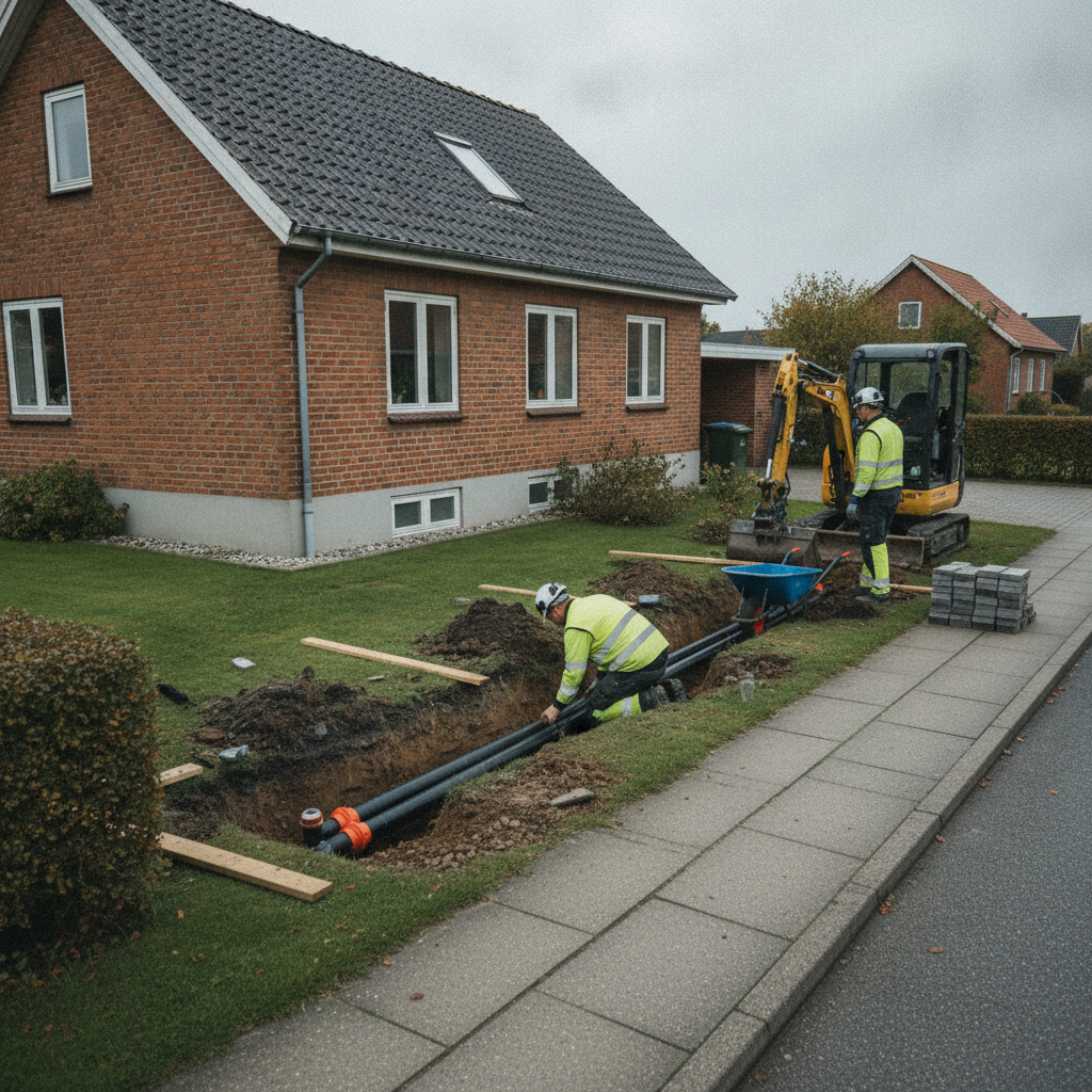 vvs, fjernvarme, fjernvarmeinstallation, fjernvarmetilslutning, gravearbejde, stikledning, rørføring, udendørs, parcelhus, forhave, indkørsel, mursten, isolerede rør, minigraver, byggeplads, renovering, nedrivning, koordinering, retablering, omkostninger, pris, tilbud, hus, bolig, håndværker