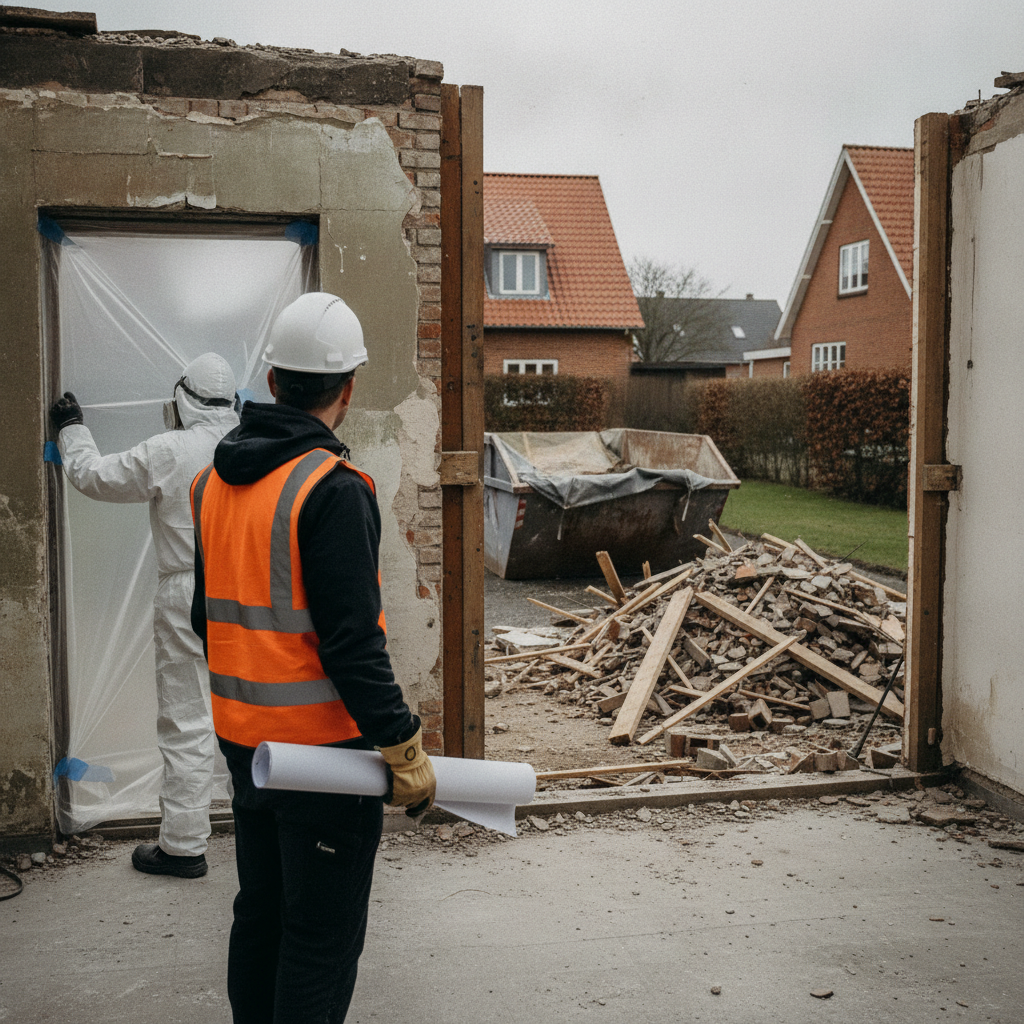 nedrivningsfirma, pss, plan for sikkerhed og sundhed, arbejdsmiljø, sikkerhedskoordinator, byggeplads, nedrivning, sanering, asbest, pcb, risikovurdering, afspærring, fællesområder, dokumentation, udendørs, dansk forstad, villa, mursten, støv, beskyttelsesudstyr, professionel, renovering, hus, bolig, håndværker