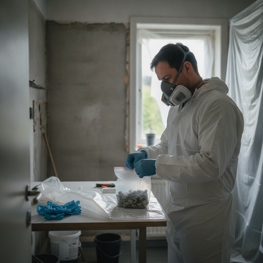 miljørådgiver, asbestanalyse, asbestprøve, prøveudtagning, materialeprøve, renovering, indendørs, parcelhus, dansk bolig, badeværelse renovering, værnemidler, åndedrætsværn, engangsdragt, ziplock pose, plastafdækning, byggestøv, sikkerhed, laboratorieanalyse, svartid, professionel, hus, bolig, håndværker, pris, tilbud