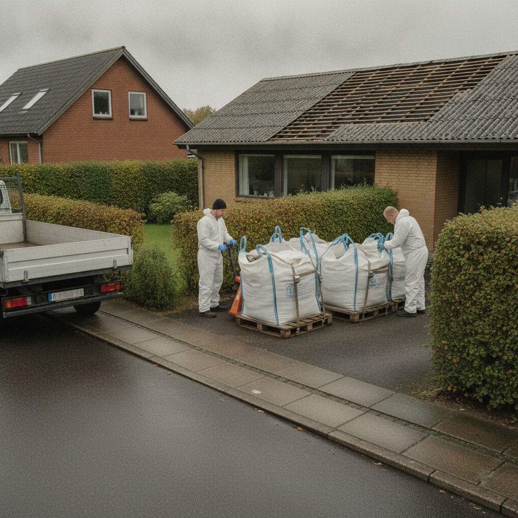 nedrivning, asbest, asbesttag, bortskaffelse af asbest, eternitplader, asbestaffald, bigbag, emballering, transport, modtagegebyr, deponi, genbrugsplads, container, udendørs, parcelhus, dansk villavej, byggeaffald, sikkerhed, værnemidler, sanering, renovering, pris, tilbud, hus, bolig, håndværker