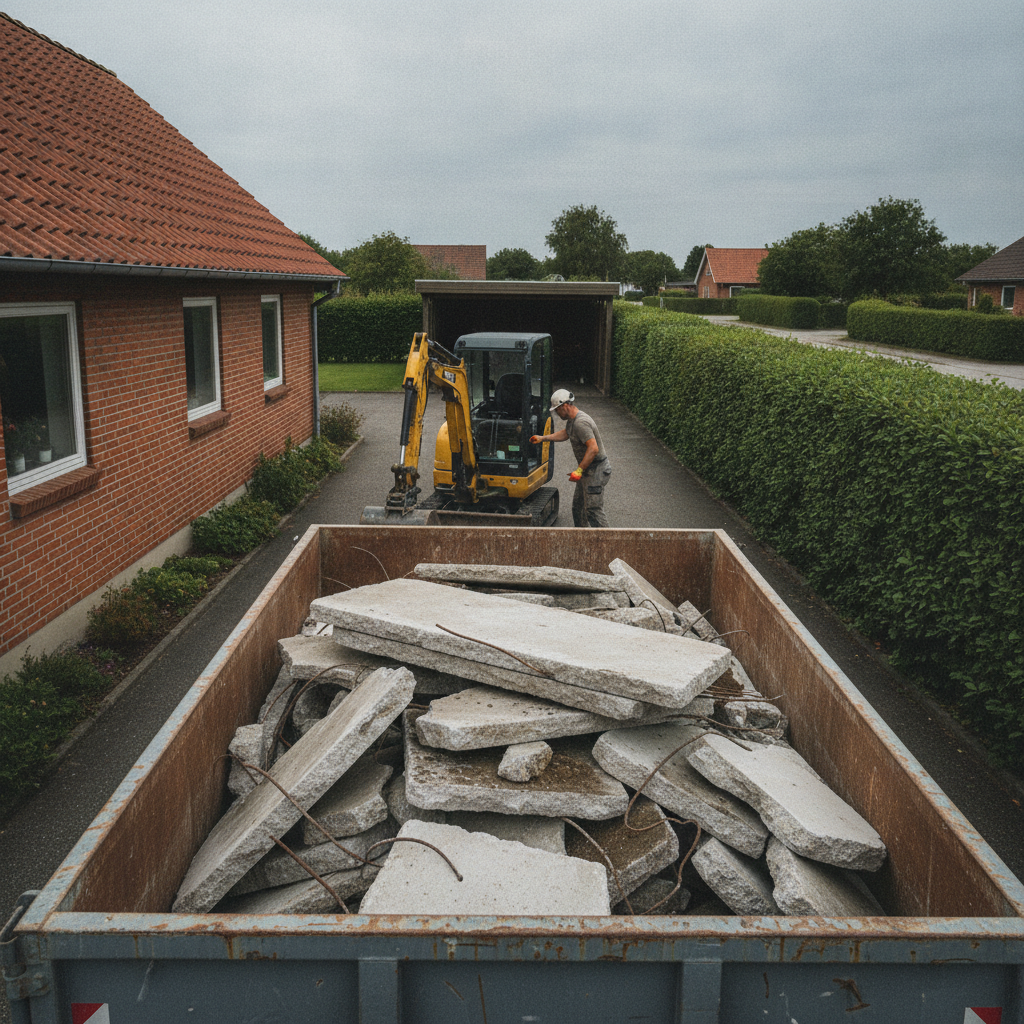 nedrivning, betonaffald, bortskaffelse, container, betoncontainer, udendørs, indkørsel, parcelhus, dansk villavej, mursten, rødt tegltag, armeringsjern, opbrudt beton, minigraver, entreprenør, affaldshåndtering, sortering, genbrug, genanvendelse, byggeplads, renovering, transport, hus, bolig, håndværker