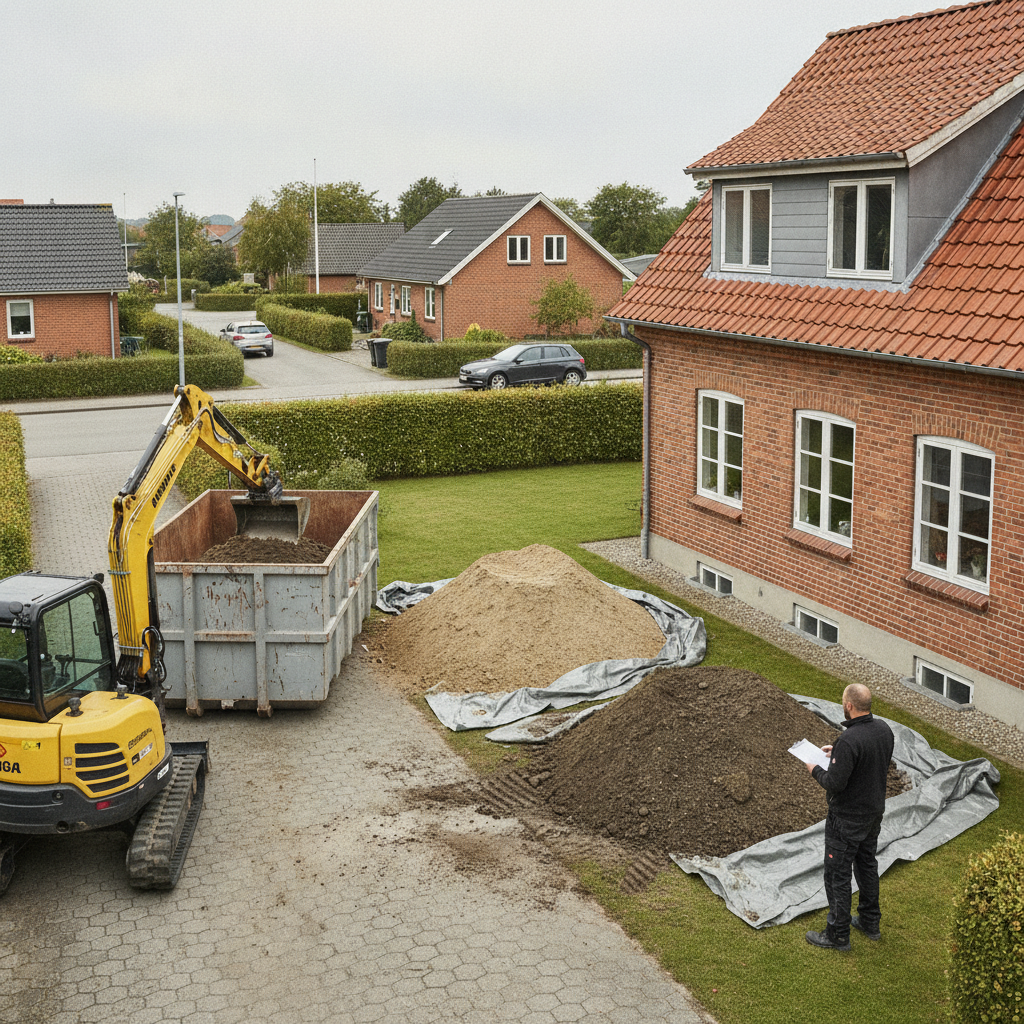 entreprenør, jordbortskaffelse, bortkørsel af jord, udendørs, byggeplads, parcelhus, have, udgravning, minigraver, container, jordbunke, sortering af jord, ren jord, forurenet jord, dokumentation, jordflytning, transport, modtageanlæg, deponi, miljø, pris, tilbud, hus, bolig, håndværker