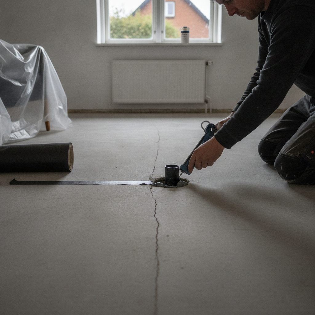 murer, radon, radonmåling, radonsikring, tætning, revner i gulv, rørgennemføring, terrændæk, kælder, ventilation, indendørs, renovering, vedligeholdelse, dansk bolig, parcelhus, beton, radonmembran, fuge, byggeplads, indeklima, sundhed, hus, bolig, håndværker