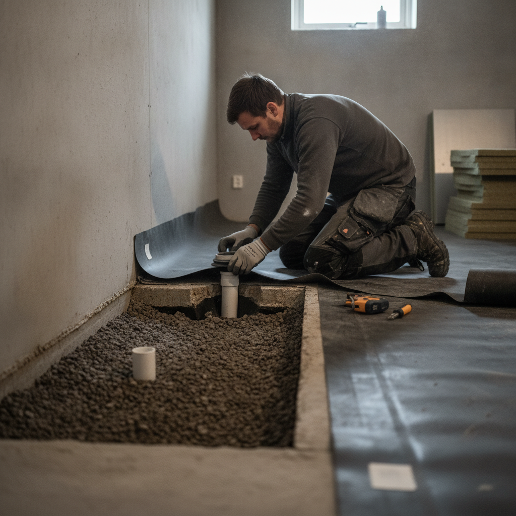 entreprenør, radonsikring, radonmembran, radonspærre, radonsug, tætning, rørgennemføring, terrændæk, gulvopbrydning, kælder, indendørs, renovering, dansk hus, beton, fundament, isolering, byggeplads, professionel udførelse, indeklima, måling, pris, tilbud, hus, bolig, håndværker