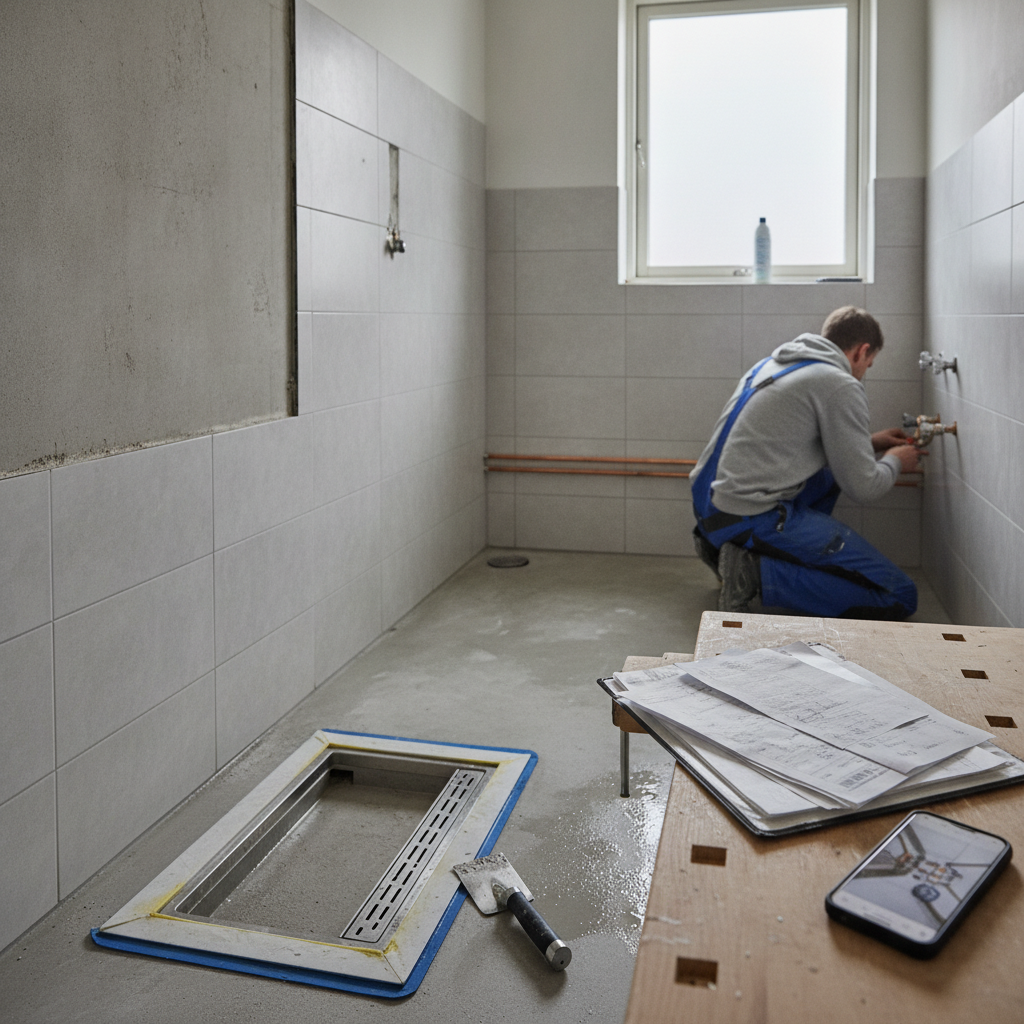 vvs, nyt badeværelse, badeværelsesrenovering, vådrum, vådrumssikring, membran, gulvafløb, fald mod afløb, rørgennemføringer, ventilation, autorisation, byggetilladelse, dokumentation, faktura, fotodokumentation, lejlighed, indendørs, fliser, renovering, professionel, byggeprojekt, hus, bolig, håndværker