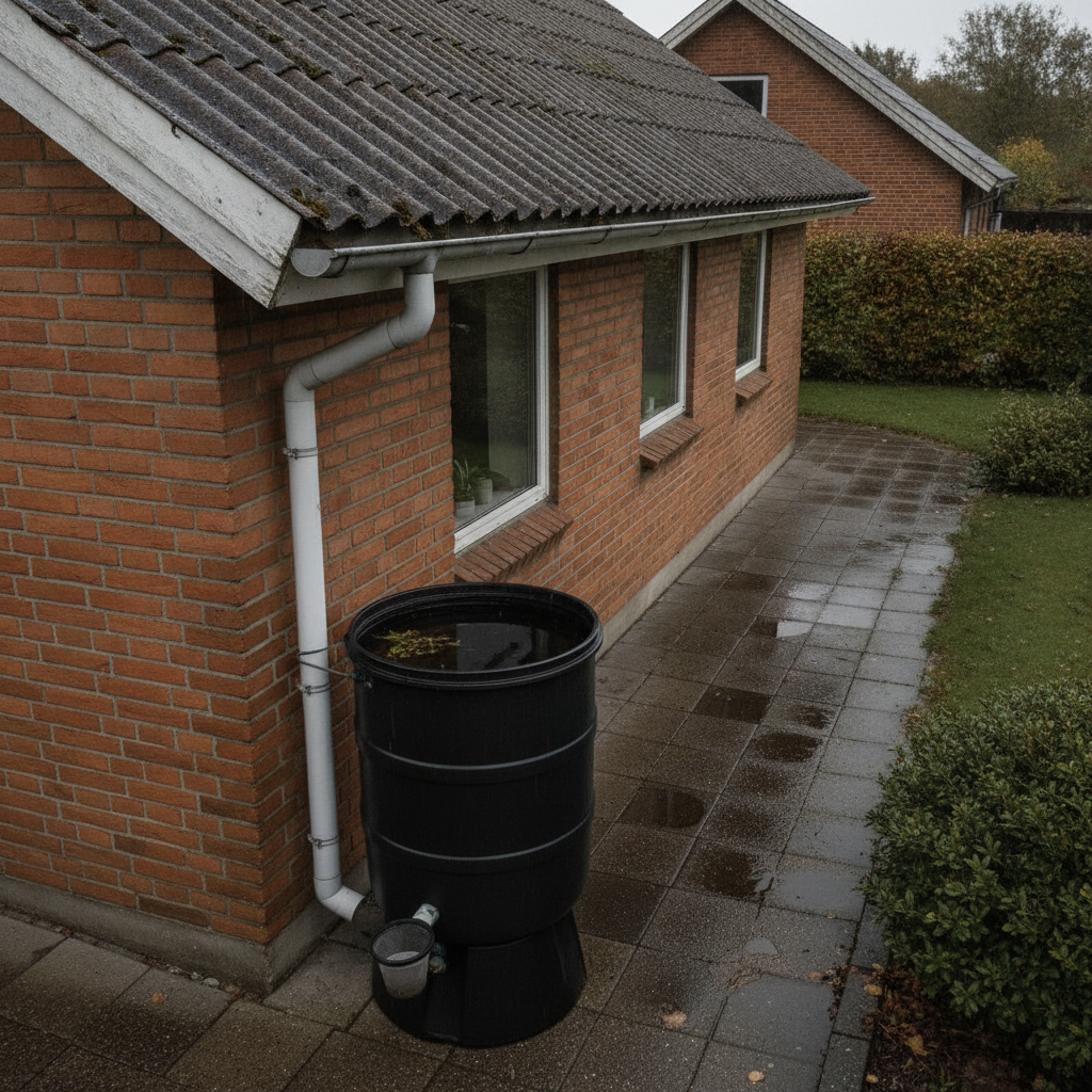 tagdækker, asbesttag, eternittag, regnvand, regnvandsopsamling, regnvandstank, regnvandsanlæg, tagrender, nedløbsrør, udendørs, parcelhus, mursten, bølgeeternit, fibercement, fugtigt vejr, overskyet, vedligeholdelse, sundhedsrisiko, forurening, bolig, hus, håndværker