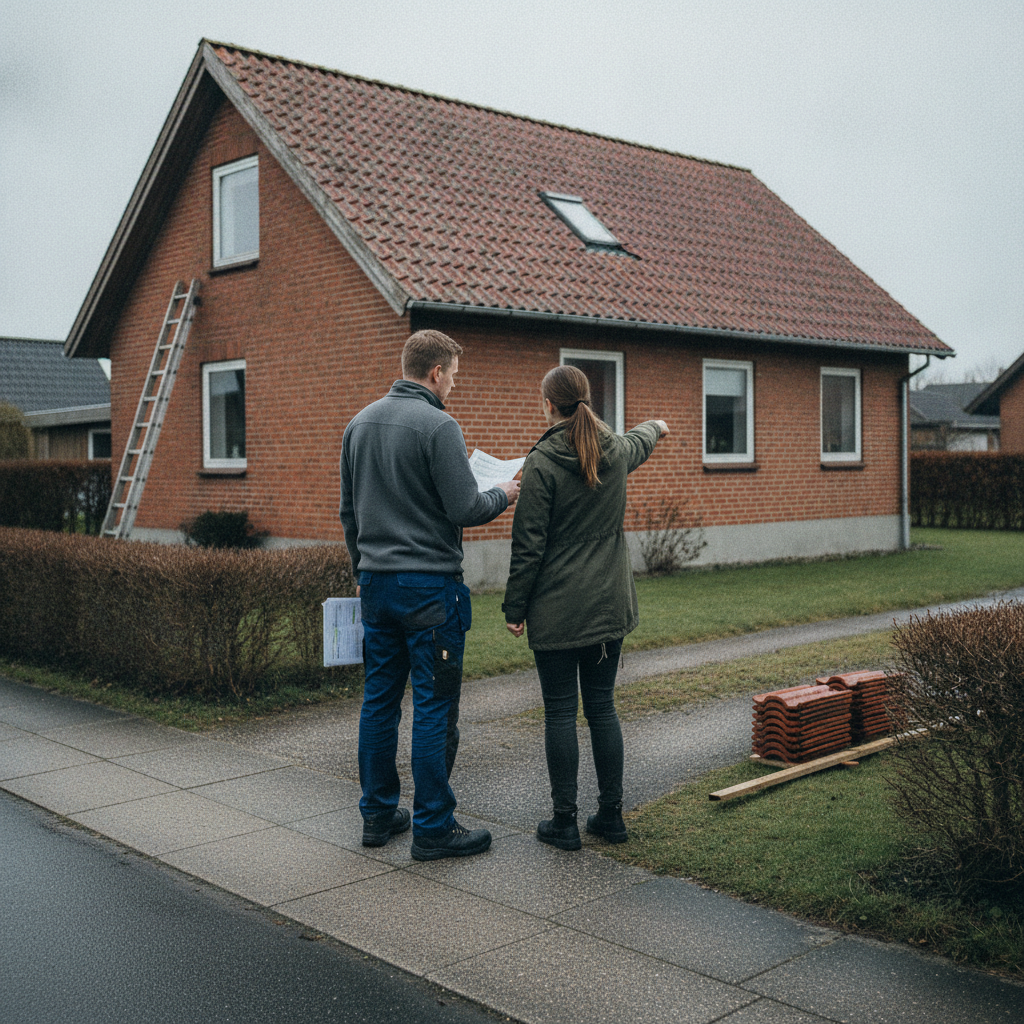 byggesagkyndig, tilstandsrapport, salgsklargøring, renovering før salg, nedrivning, beslutningsmodel, vurdering, udendørs, parcelhus, dansk villavej, mursten, tegltag, have, forstad, overcast, nordisk lys, byggeprojekt, vedligeholdelse, rådgivning, dokumentation, bolig, hus, håndværker, pris, tilbud