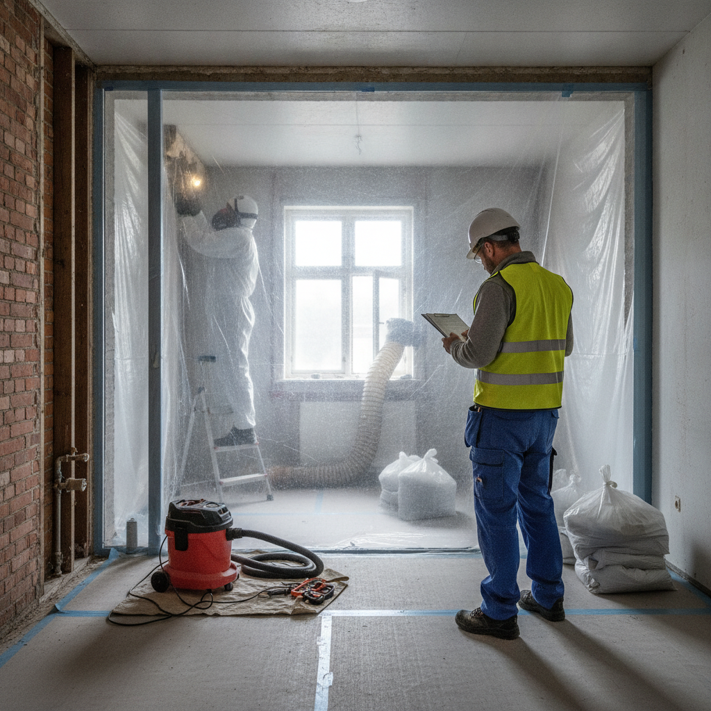 nedrivning, sanering, risikovurdering, arbejdsmiljø, sikkerhed, pss, dokumentation, asbestmistanke, pcb, bly, støvkontrol, afskærmning, plastafdækning, undertryk, byggeplads indendørs, renovering, selektiv nedrivning, affaldshåndtering, ældre villa, mursten, værnemidler, hus, bolig, håndværker