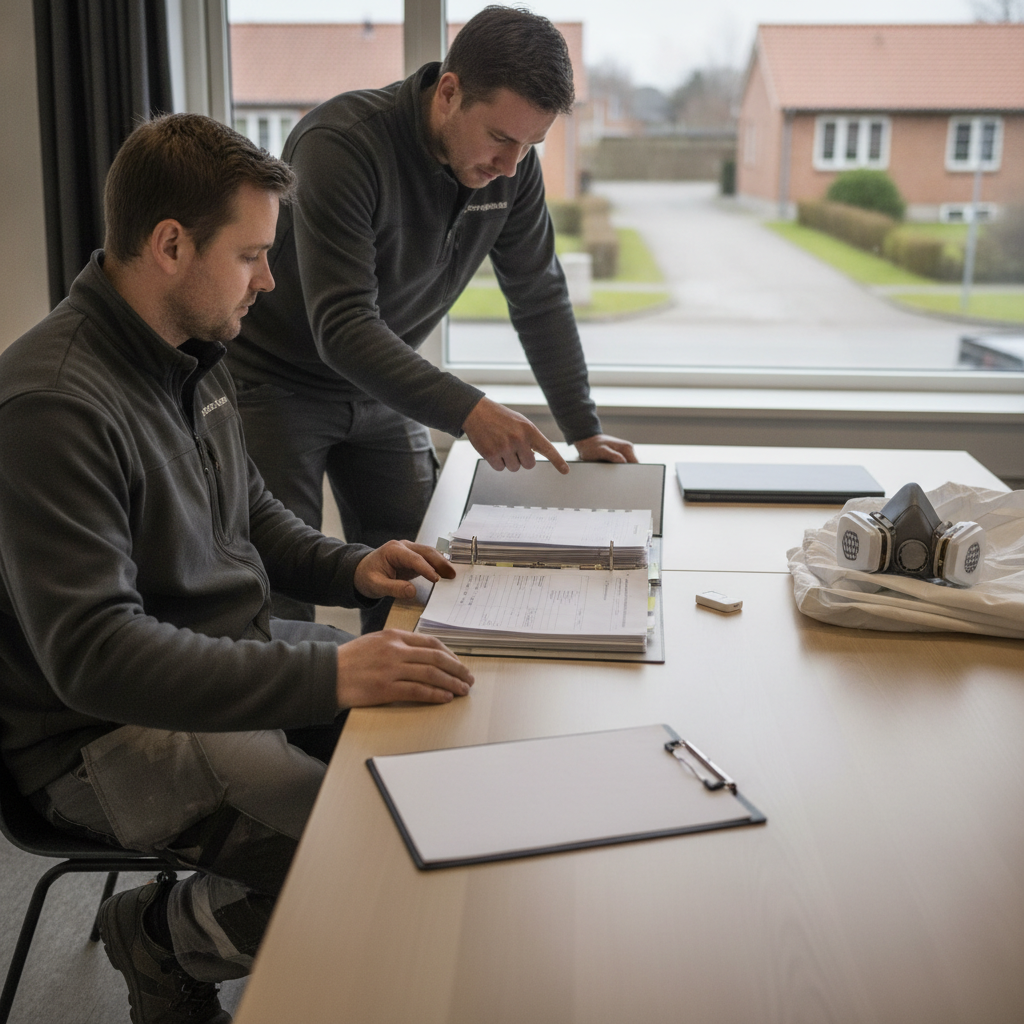 asbestsanering, nedrivning, autorisation, kls, kvalitetssikring, dokumentation, arbejdsmiljø, sikkerhed, fagligt ansvarlig, virksomhed, kontor, indendørs, ppe, åndedrætsværn, engangsdragt, mappe, tjekliste, planlægning, audit, myndighedskrav, dansk kontekst, hus, bolig, håndværker, pris, tilbud