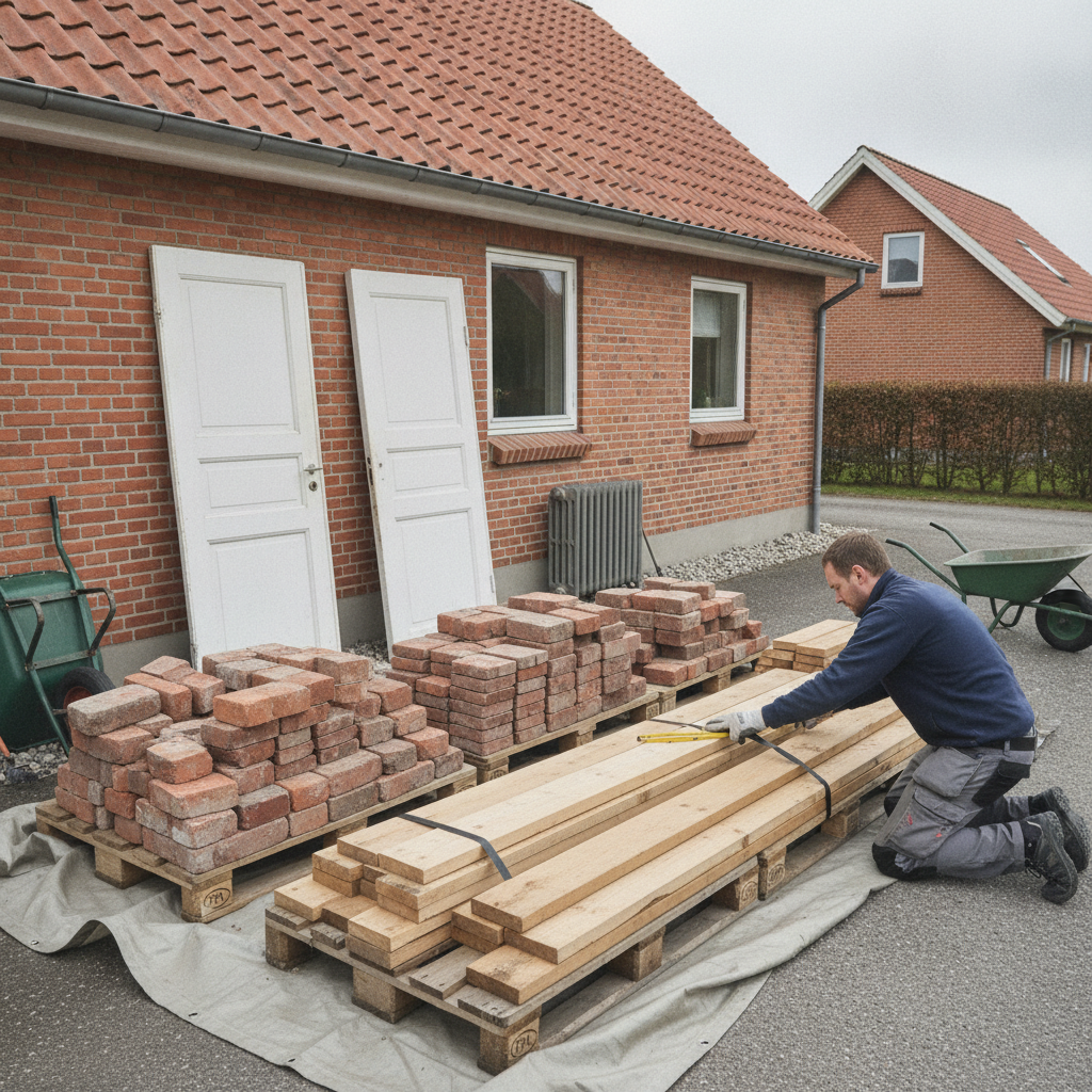 nedriver, selektiv nedrivning, genbrug af byggematerialer, salg af byggematerialer, sortering, dokumentation, opbevaring, udendørs, indkørsel, parcelhus, mursten, tegl, genbrugstømmer, døre, radiator, paller, presenning, renovering, byggeplads, genanvendelse, cirkulært byggeri, dansk bolig, hus, bolig, håndværker