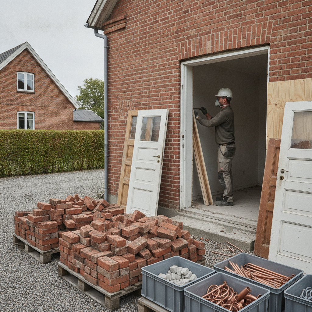 nedriver, selektiv nedbrydning, demontering, genbrug af byggematerialer, genanvendelse, affaldssortering, byggeaffald, dokumentation, sporbarhed, miljøscreening, sanering, renovering, udendørs, indendørs, murermestervilla, villa, mursten, døre, træ, metal, containere, byggeplads, hus, bolig, håndværker