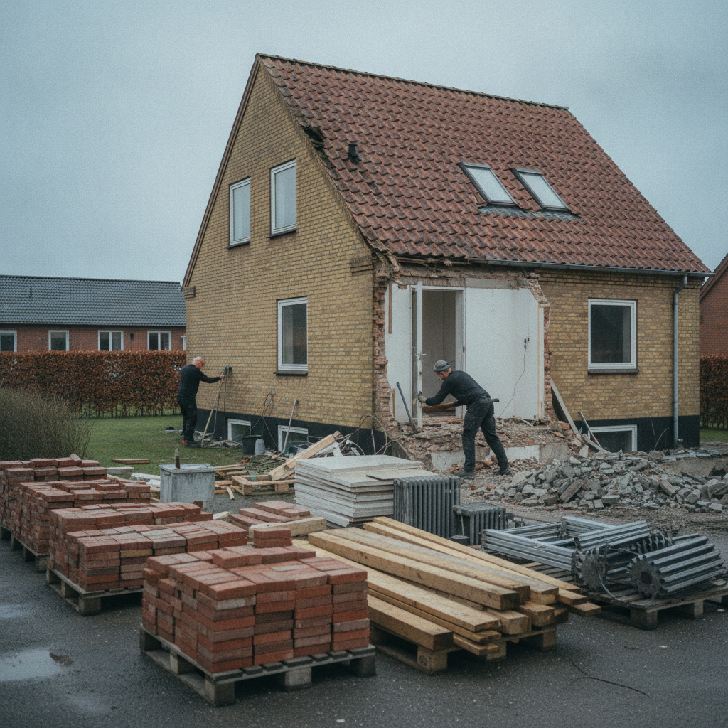 nedriver, selektiv nedrivning, nedrivningsproces, affaldssortering, materialefraktioner, dokumentation, miljøscreening, miljøkortlægning, affaldsanmeldelse, udendørs, parcelhus, mursten, tagsten, træ, gips, beton, metal, containere, genbrug af byggematerialer, genanvendelse, byggeplads, sanering, hus, bolig, håndværker