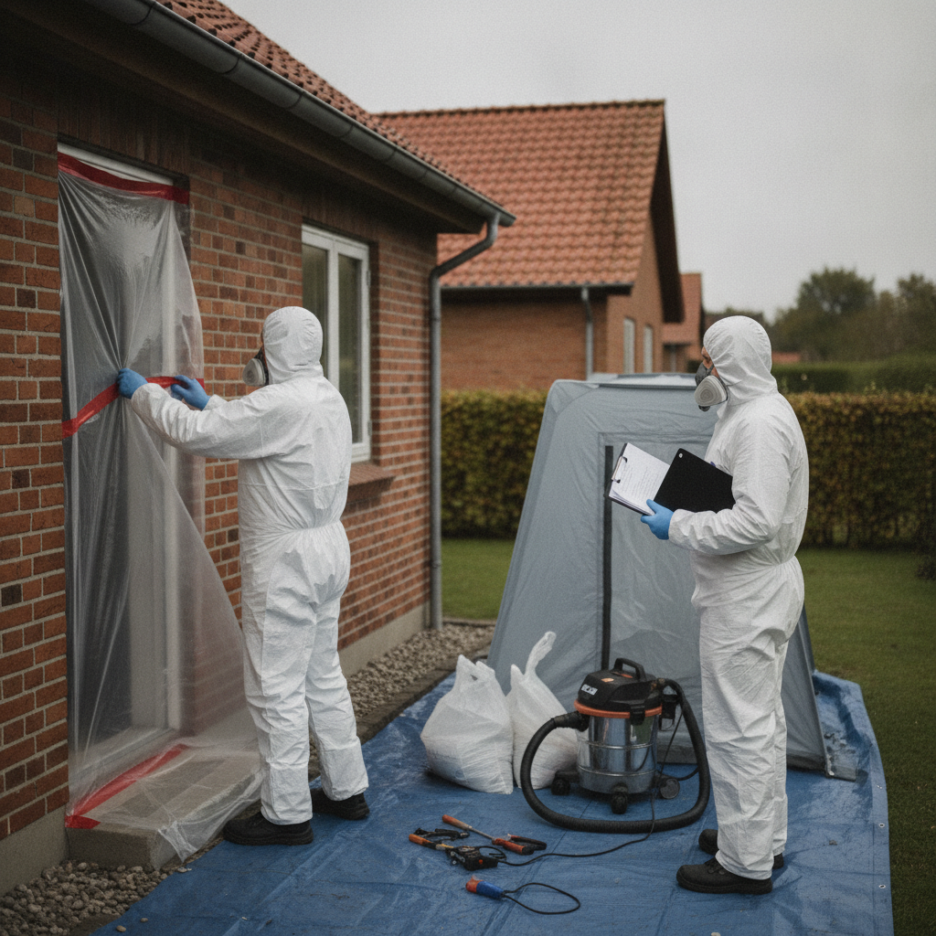 nedriver, asbestsanering, asbestarbejde, dokumentation, arbejdsmiljø, sikkerhed, værnemidler, afskærmning, dekontaminering, byggeplads, udendørs, parcelhus, mursten, plastafdækning, renovering, myndighedstilsyn, entreprenørstop, autorisation, risikovurdering, affaldshåndtering, professionel, dansk forstad, hus, bolig, håndværker