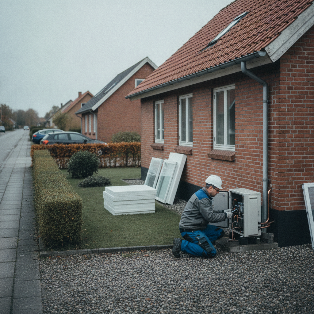 vvs, varmekilde, varmepumpe, luft-til-vand, fjernvarme, udendørs, parcelhus, dansk parcelhus, mursten, rødt tegltag, installation, teknik, energirenovering, renovering, totalrenovering, vedligeholdelse, energiforbedring, varmeunit, rørføring, forstad, professionel, hus, bolig, håndværker