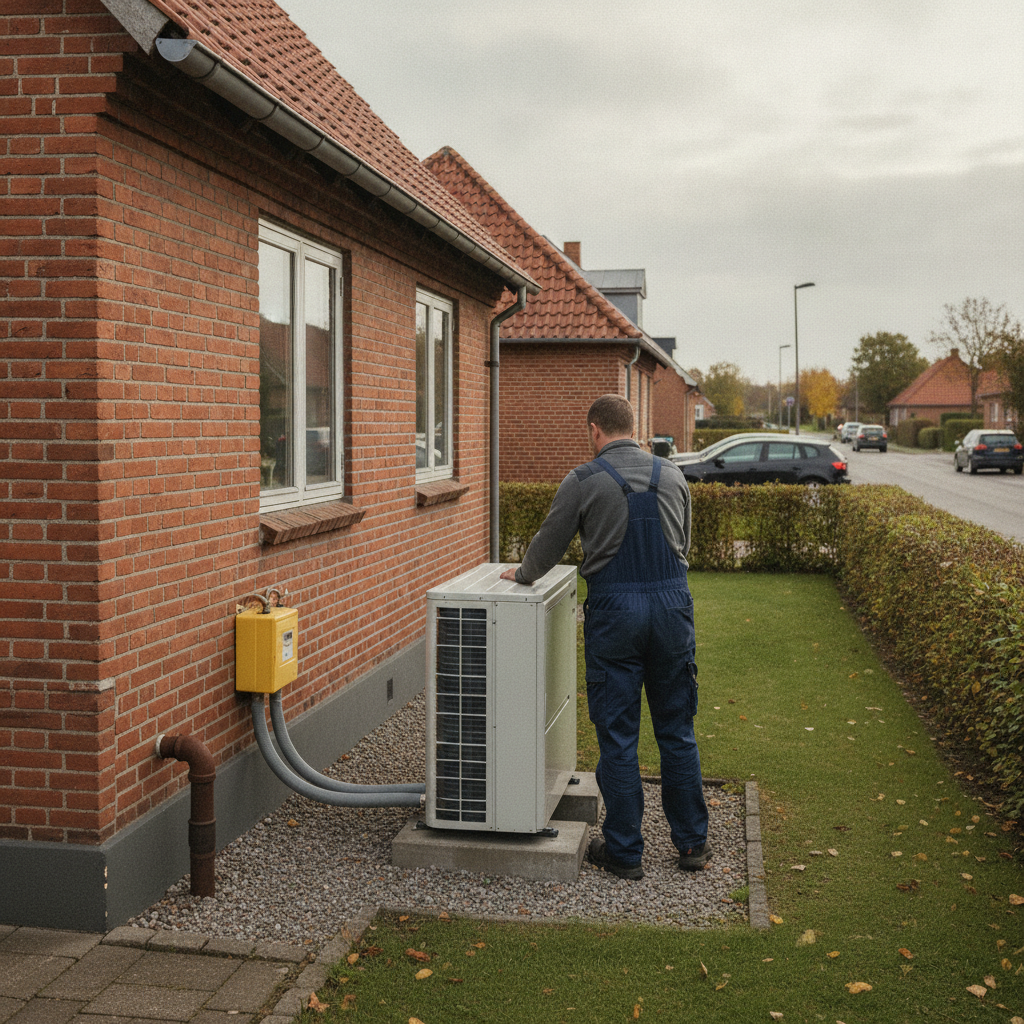 vvs, varmepumpe, skift fra gas, gasfyr, gasafkobling, luft til vand, udedel, installation, udendørs, parcelhus, dansk forstad, mursten, rødt tegltag, energirenovering, renovering, vedligeholdelse, støjkrav, bbr, tilskud, pris, tilbud, hus, bolig, håndværker