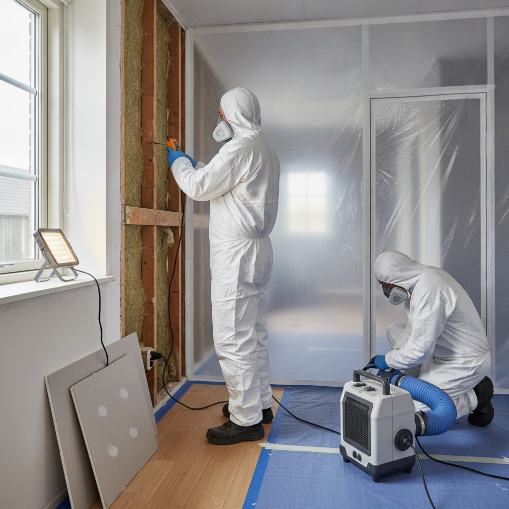 skimmelsanering, skimmelsvamp, fugtproblem, årsagsanalyse, fugtmåling, fugtmåler, indeklima, undertryk, afskærmning, hepa-filter, luftrenser, beskyttelsesdragt, renovering, indendørs, væg, gips, isolering, træskelet, parcelhus, dansk hjem, vandskade, pris, tilbud, hus, bolig, håndværker