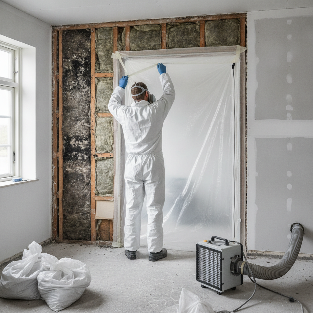 nedriver, skimmelsanering, renovering, nedrivning, indendørs, parcelhus, væg åbnet, skjult skimmel, fugtskade, afskærmning, plastvæg, sluse, undertryk, hepa filter, værnemidler, beskyttelsesdragt, respirator, gipsplader, isolering, træskelet, byggeplads, professionel, pris, tilbud, hus, bolig, håndværker