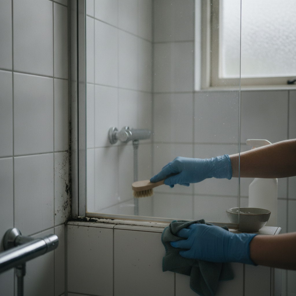 vvs, skimmelsvamp, skimmel i bad, badeværelsesfuger, silikonefuge, gummiliste, rengøring, udskiftning, indendørs, badeværelse, parcelhus, fliser, fuger, kondens, fugt, udluftning, vedligeholdelse, professionel, skimmelrens, skimmelsanering, hus, bolig, håndværker