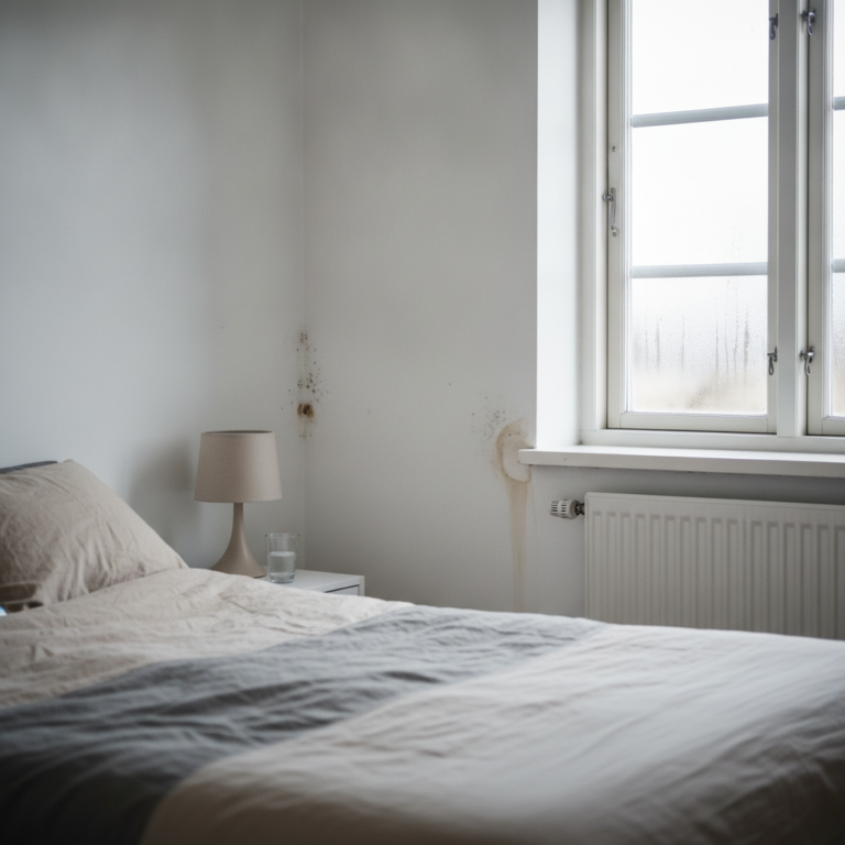 skimmel, skimmelsvamp symptomer, indeklima, fugt, fugtskade, muglugt, kondens, soveværelse, indendørs, væg, hjørne, vindue, radiator, skimmelsvamp i boligen, skjult skimmelsvamp, ventilation, sundhed, allergi, dansk hjem, lejlighed, renovering, vedligeholdelse, hus, bolig, håndværker