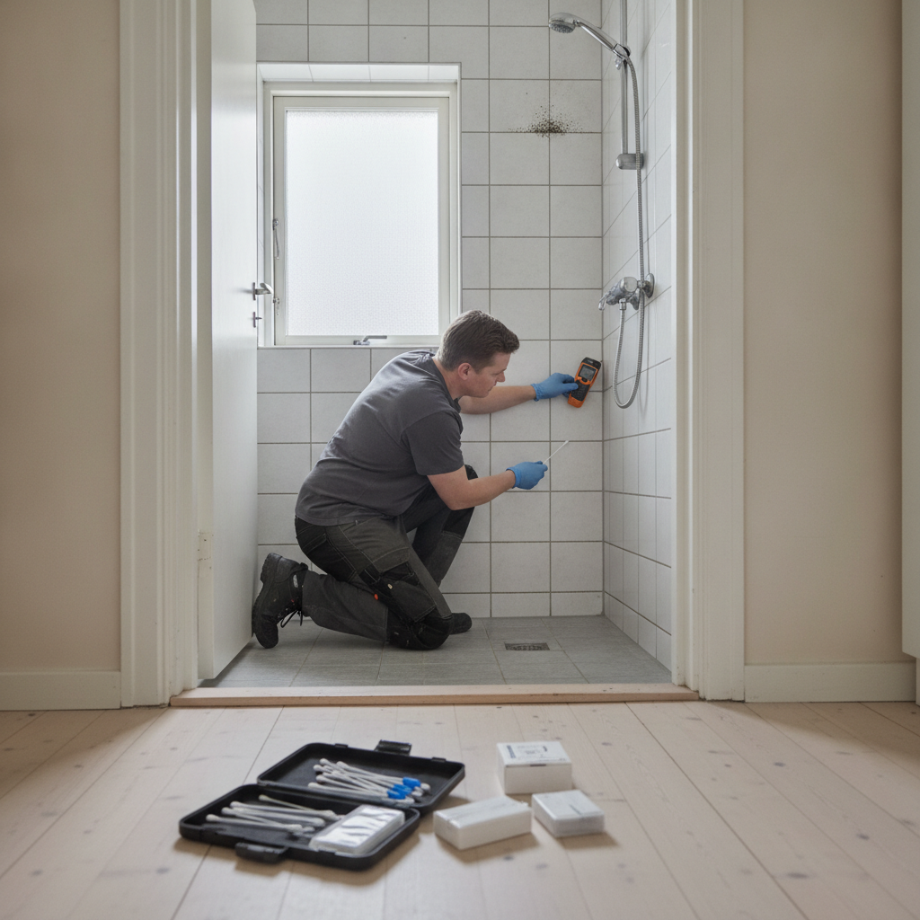 skimmelinspektør, skimmelsvamp test, hjemmetest, professionel test, fugtmåling, mycometer, prøvetagning, indeklima, badeværelse, indendørs, parcelhus, fliser, silikonefuge, kondens, vandskade, skimmelpletter, rapport, dokumentation, pris, tilbud, renovering, vedligeholdelse, hus, bolig, håndværker