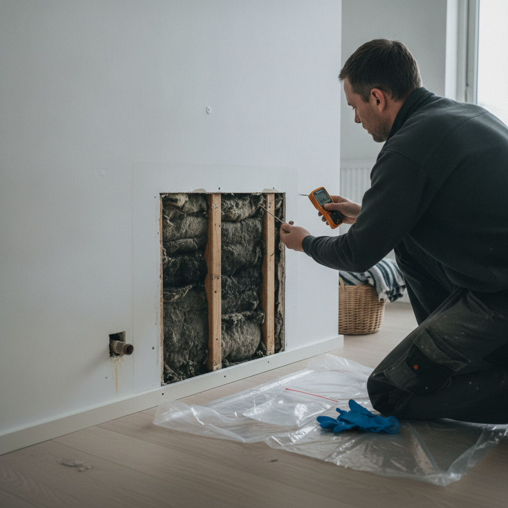 byggesagkyndig, skimmelsvamp, skjult skimmelsvamp, skimmeltest, fugtmåling, fugt, vandskade, indendørs, væg, gipsvæg, isolering, træskelet, lækage, indeklima, muglugt, renovering, undersøgelse, dokumentation, parcelhus, dansk bolig, professionel, hus, bolig, håndværker, pris, tilbud