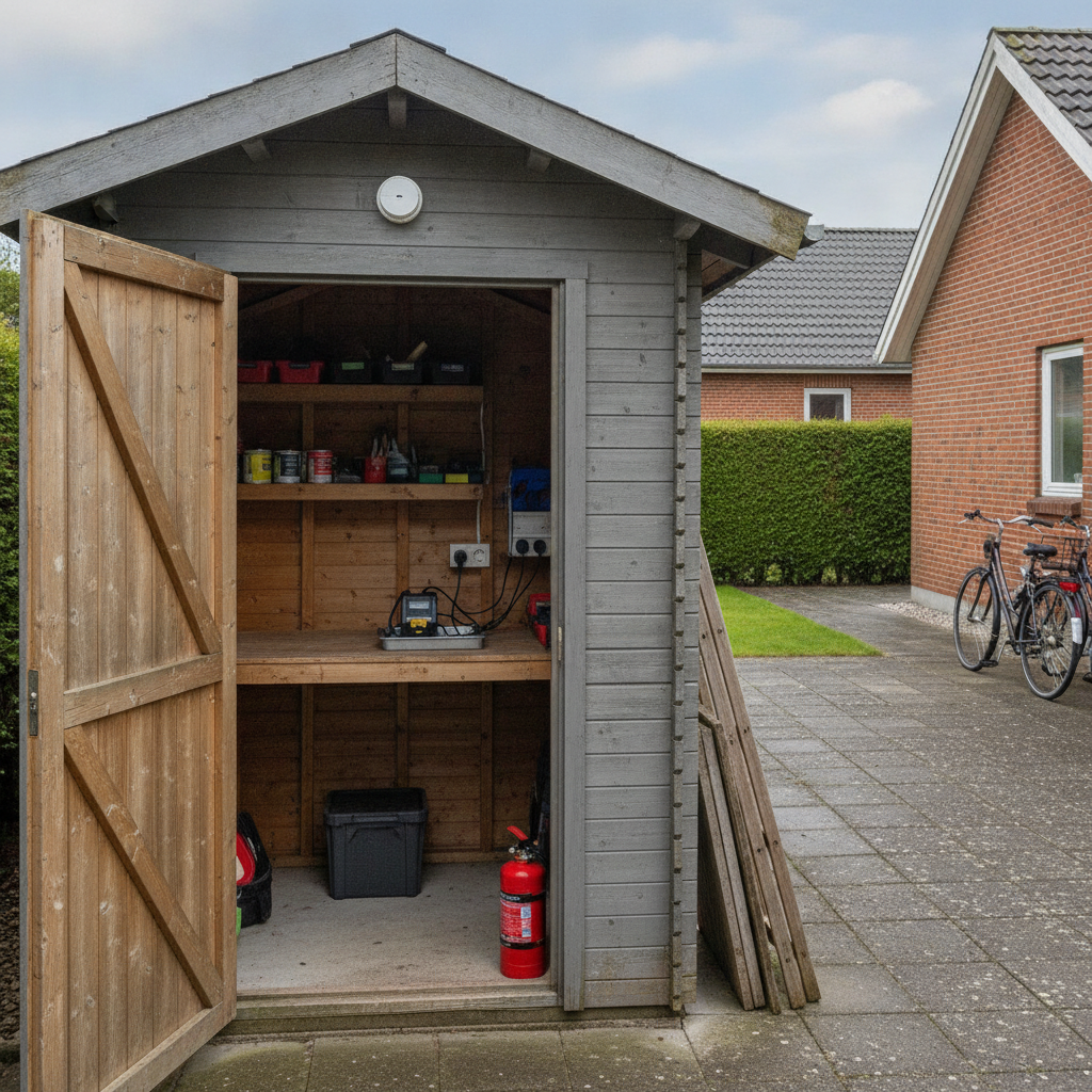 tømrer, skur, haveskur, udhus, regler, bbr, elinstallation, brandsikkerhed, opbevaring, indretning, vedligeholdelse, renovering, udendørs, parcelhus, dansk have, træskur, mursten, redskaber, værktøj, opladning af batterier, sikkerhed, pris, tilbud, hus, bolig, håndværker