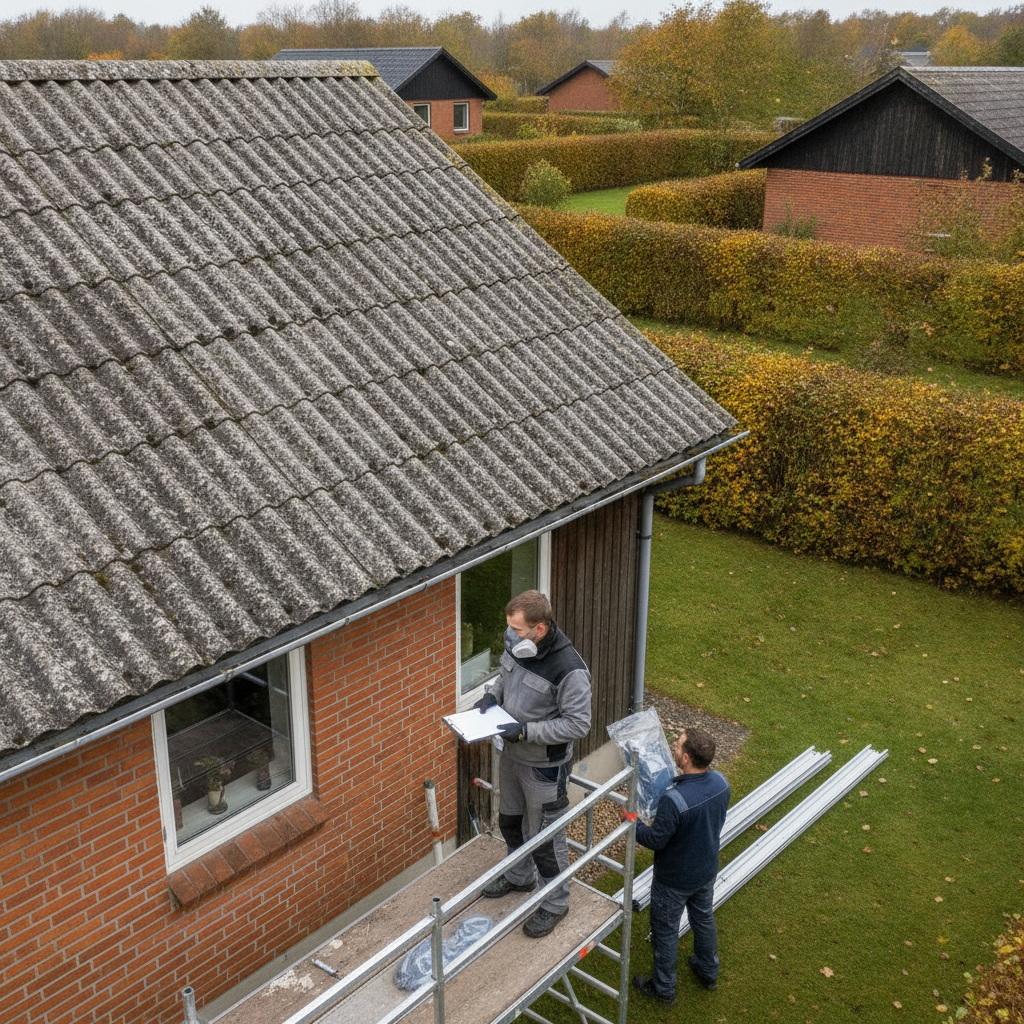 tagdækker, solcellemontage, solceller, asbesttag, eternittag, bølgeeternit, taginspektion, udendørs, parcelhus, villakvarter, stillads, sikkerhed, åndedrætsværn, tagkonstruktion, fastgørelse, skinner, fibercement, tagrenovering, vedligeholdelse, professionel, dansk lys, overskyet vejr, hus, bolig, håndværker
