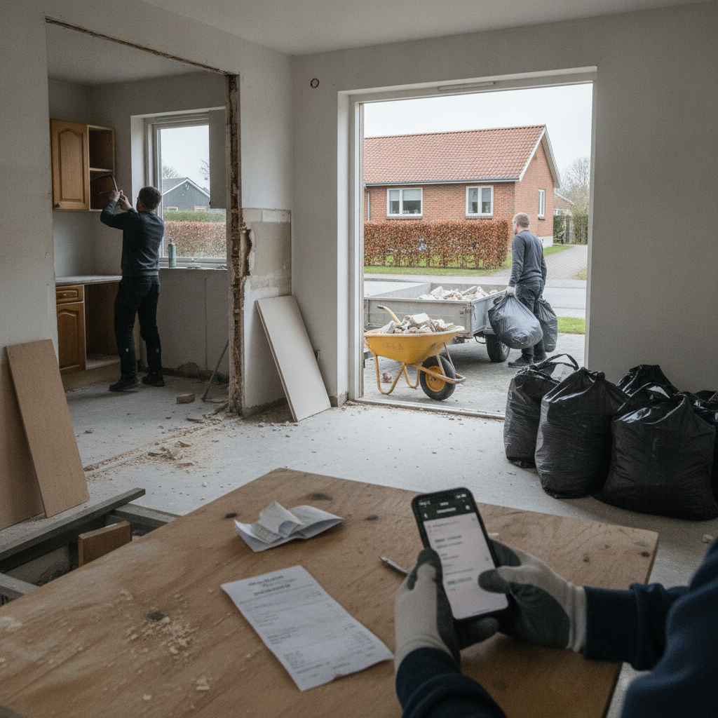 nedrivningsfirma, nedrivning, renovering, indendørs, parcelhus, køkken, indvendig nedrivning, byggeaffald, affaldssortering, trailer, sikkerhed, dokumentation, kvittering, faktura, digital betaling, mobilepay, bygherreansvar, vennetjeneste, sort arbejde, byggeplads, mursten, træ, hus, bolig, håndværker