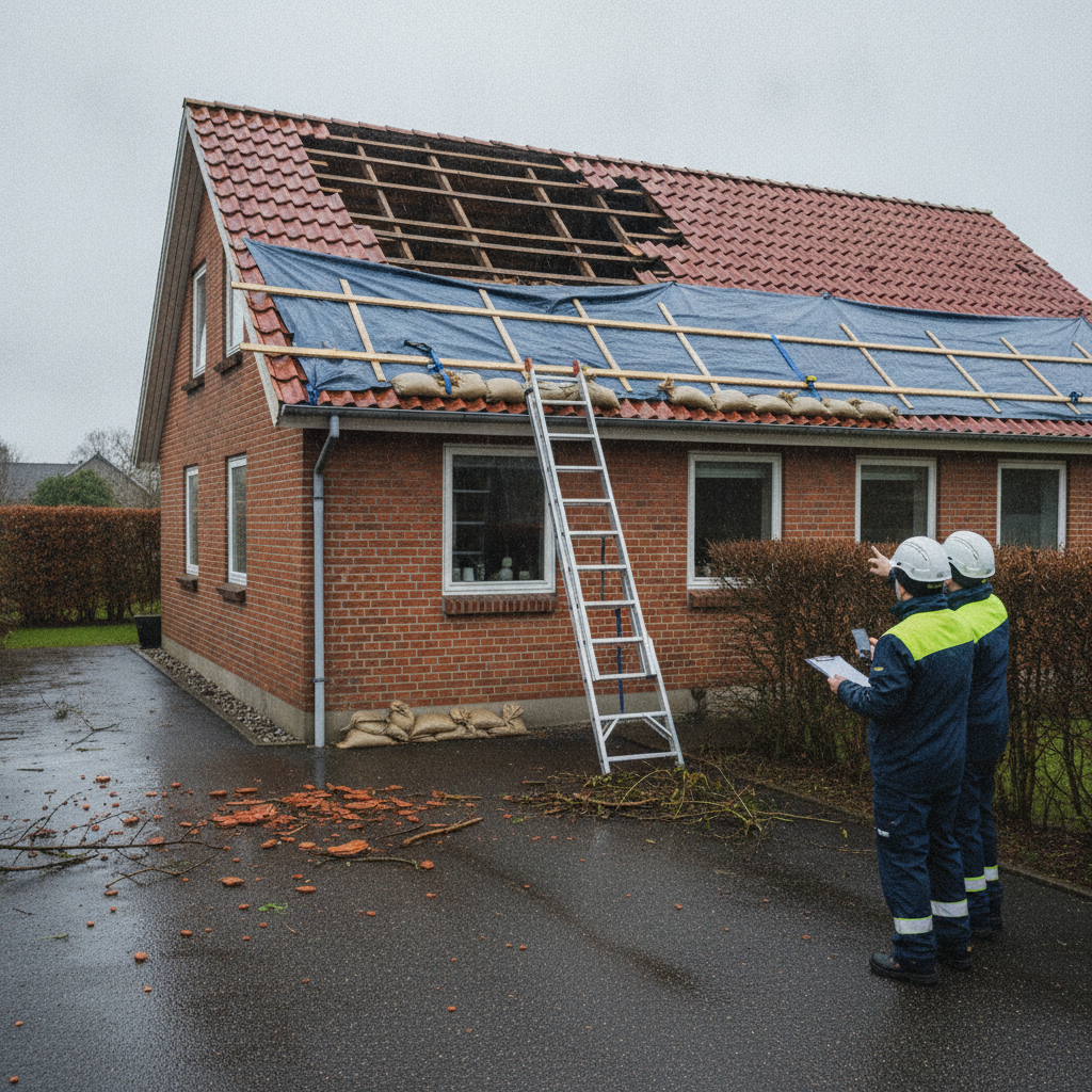 tagdækker, stormskade, taglækage, nødafdækning, presenning, forsikring, taksator, dokumentation, udendørs, parcelhus, mursten, røde tagsten, tagrender, nedfaldne tagsten, regnvejr, efter storm, skadeservice, midlertidig reparation, fugtskade, byggeskade, renovering, professionel, hus, bolig, håndværker